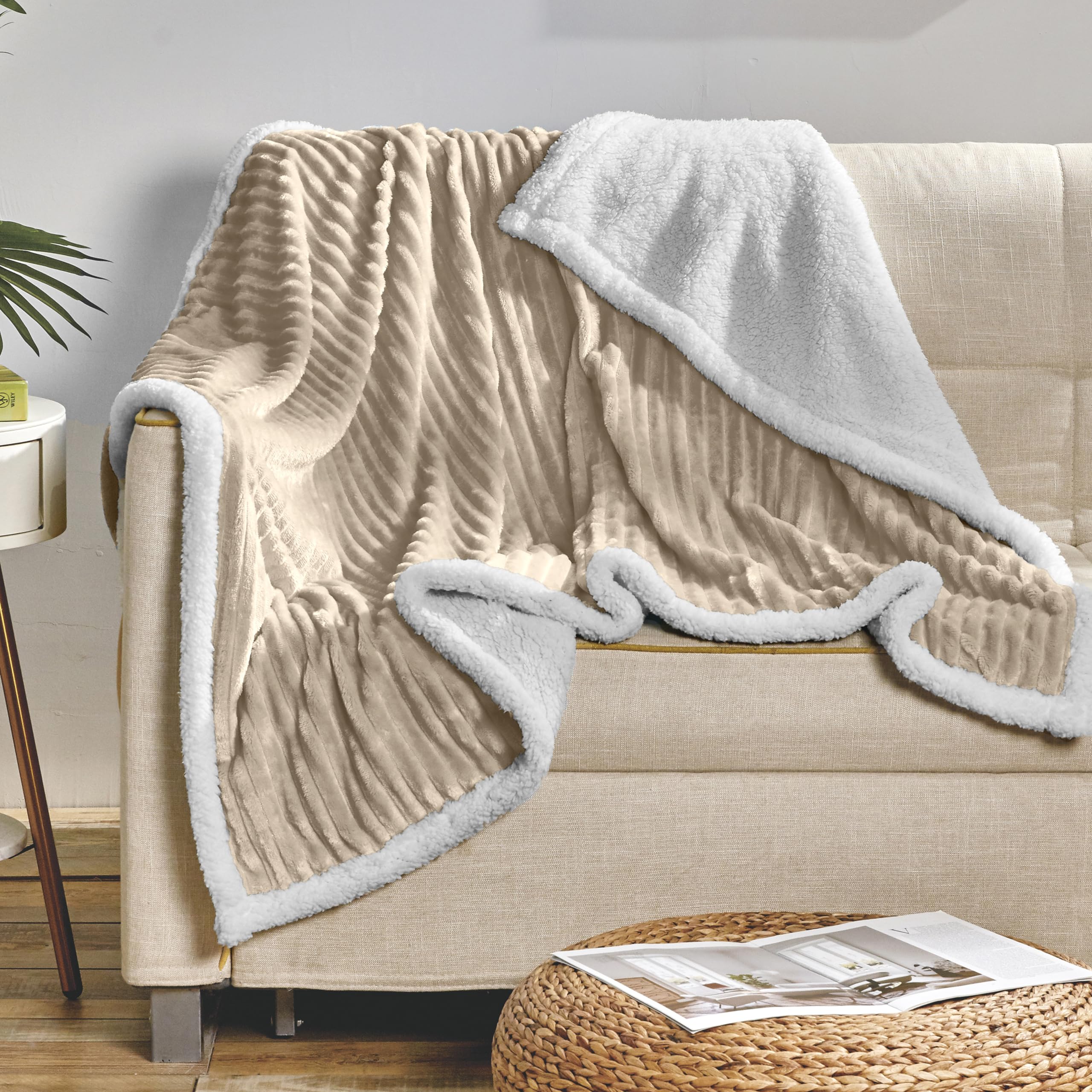 Elegant Comfort Corduroy Sherpa Reversible Throw Blanket, Medium Weight and Super Plush - Soft, Fuzzy and Plush Flannel Blanket 