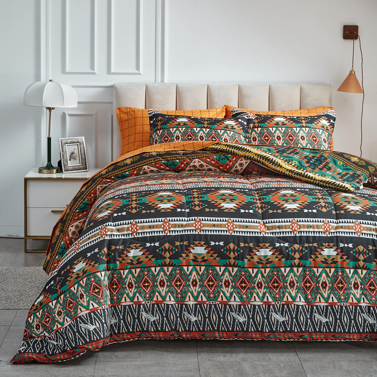 Flysheep 7 Pieces Boho Bed In A Bag Queen Size, Southwestern Bohemian Tribal Striped Printed, Reversible Bed Comforter Set (1 Co