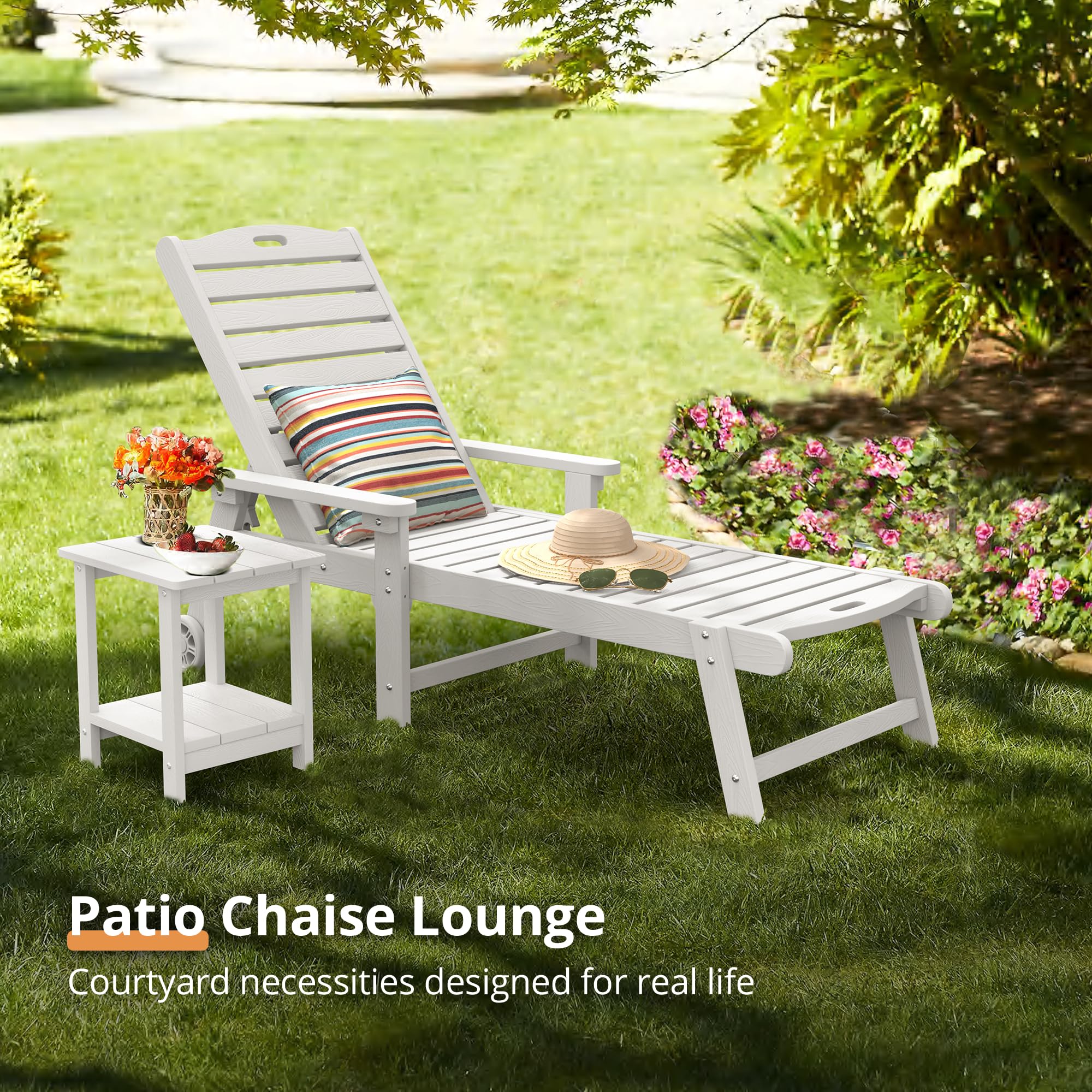 Lue Bona Outdoor Chaise Lounge, Hdps Material, 3-Year Warranty, Patio Lounge Chair With Adjustable Backrest, Resin Pool Lounge Chairs With Wheels For Outside, Poolside, Beach, Backyard, Garden, White