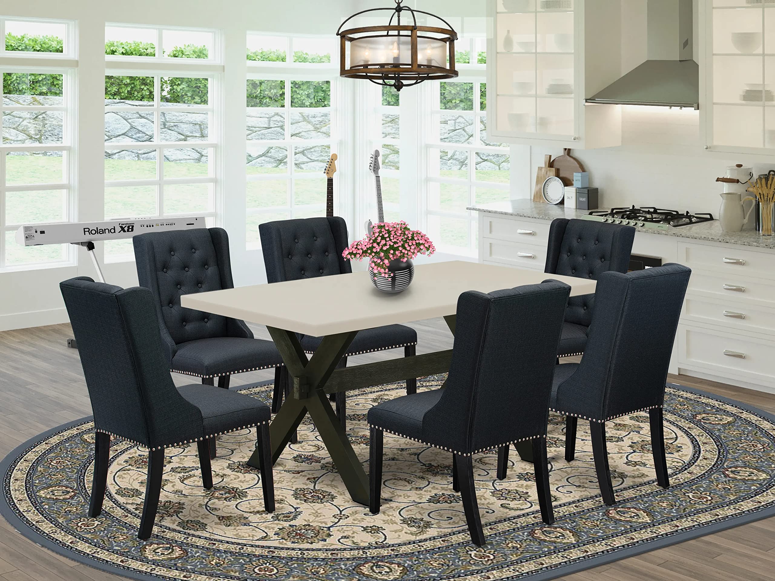 East West Furniture X626FO624-7 7 Piece Set Consist of a Rectangle Dining Room Table with X-Legs and 6 Black Linen Fabric Upholstered Chairs, 36x60 Inch