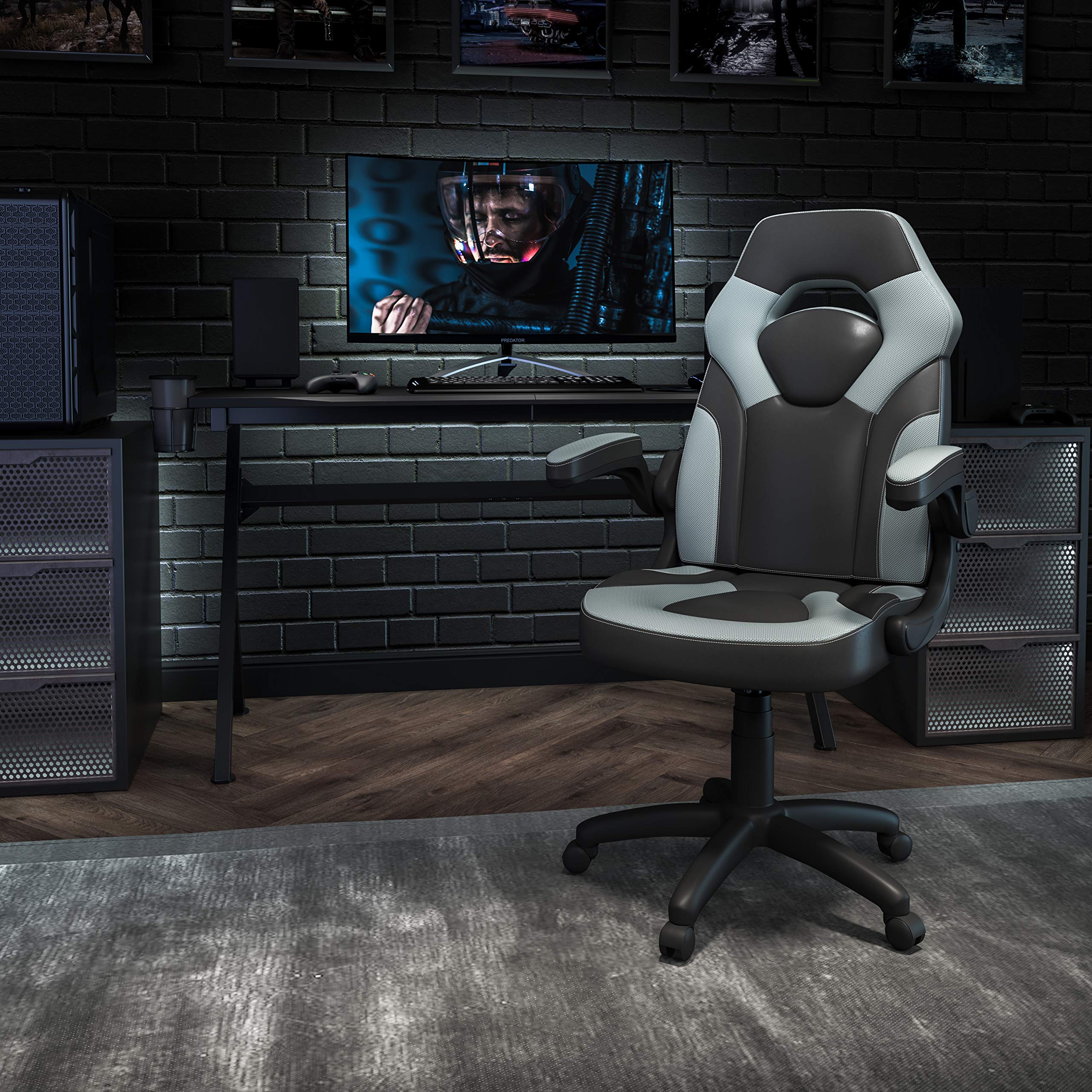 Flash Furniture X10 High-Back Leathersoft Racing Style Gaming Chair With Flip-Up Arms, Ergonomic Padded Swivel Computer Chair, Gray/Black