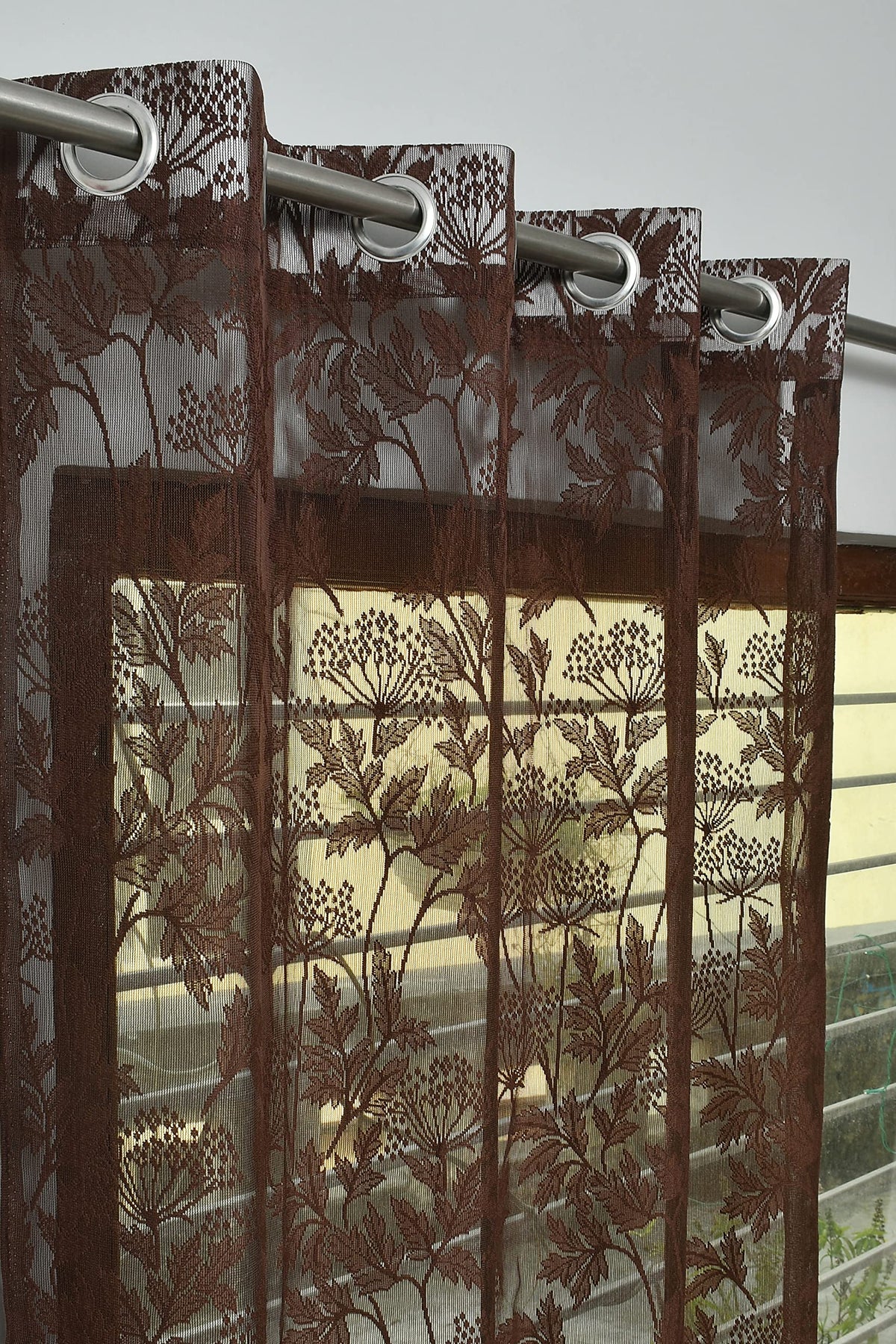 FAB CASTLE Net Semi Sheer Transparent Flower Curtains for Door 7 Feet, Pack of 1, Dark Brown