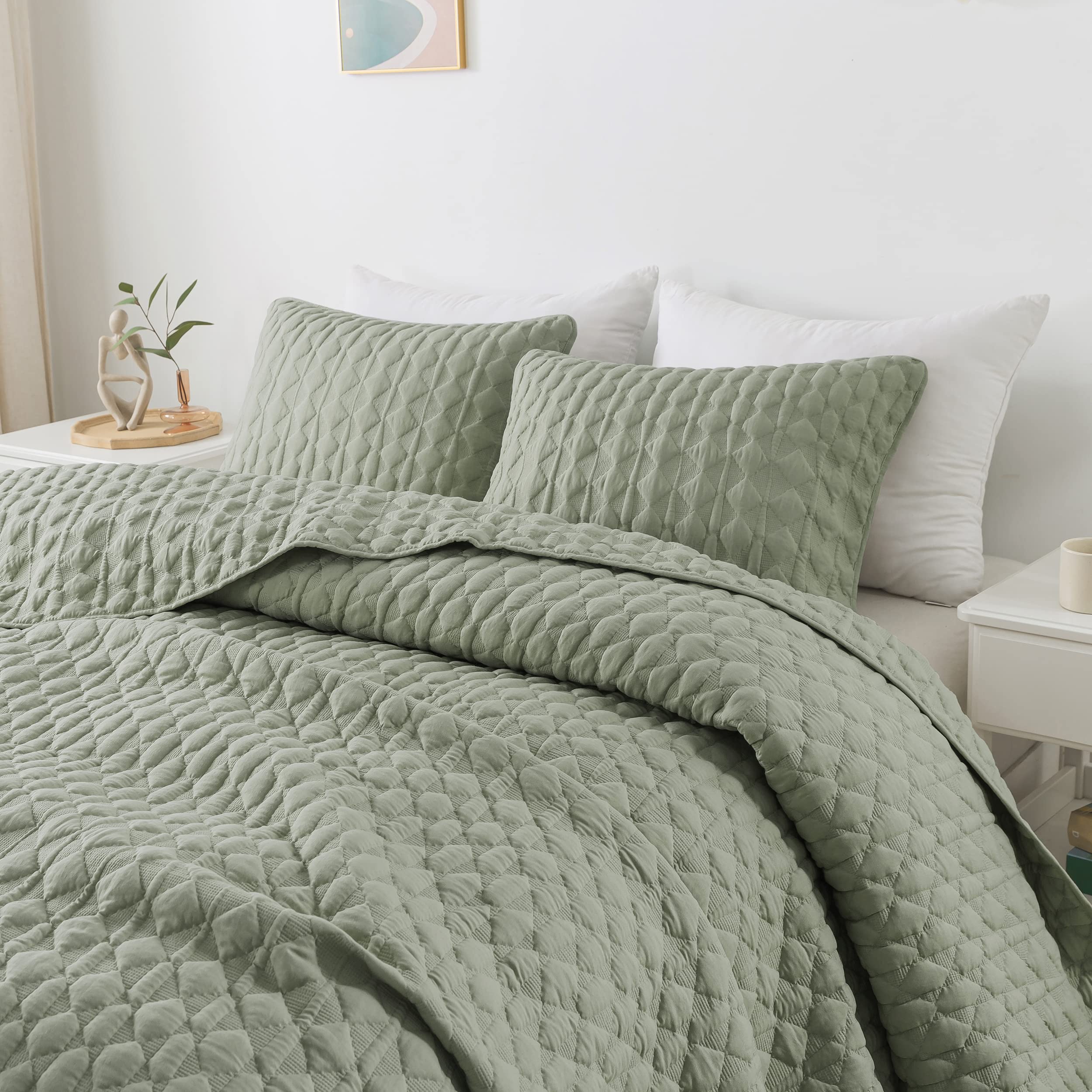 Wdcozy Sage Green Quilt Queen Size Bedding Sets With Pillow Shams, Lightweight Soft Bedspread Coverlet, Quilted Blanket Thin Com