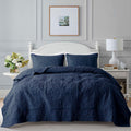 B2Ever Damask Quilt Twin Size Bedding Set With Pillow Sham, Boho Lightweight Bedspread Coverlet, Navy Blue Quilted Blanket Thin