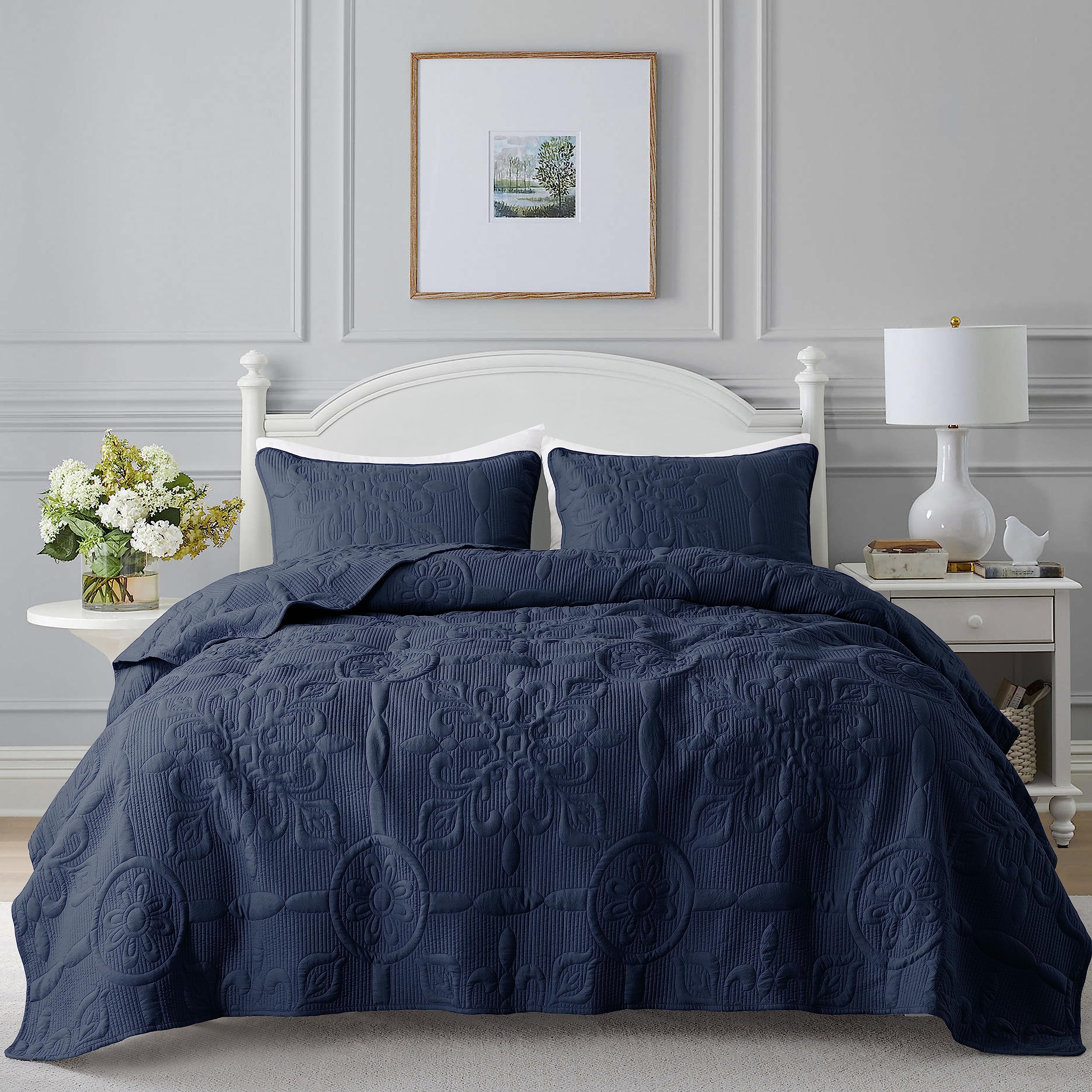B2Ever Damask Quilt Twin Size Bedding Set With Pillow Sham, Boho Lightweight Bedspread Coverlet, Navy Blue Quilted Blanket Thin