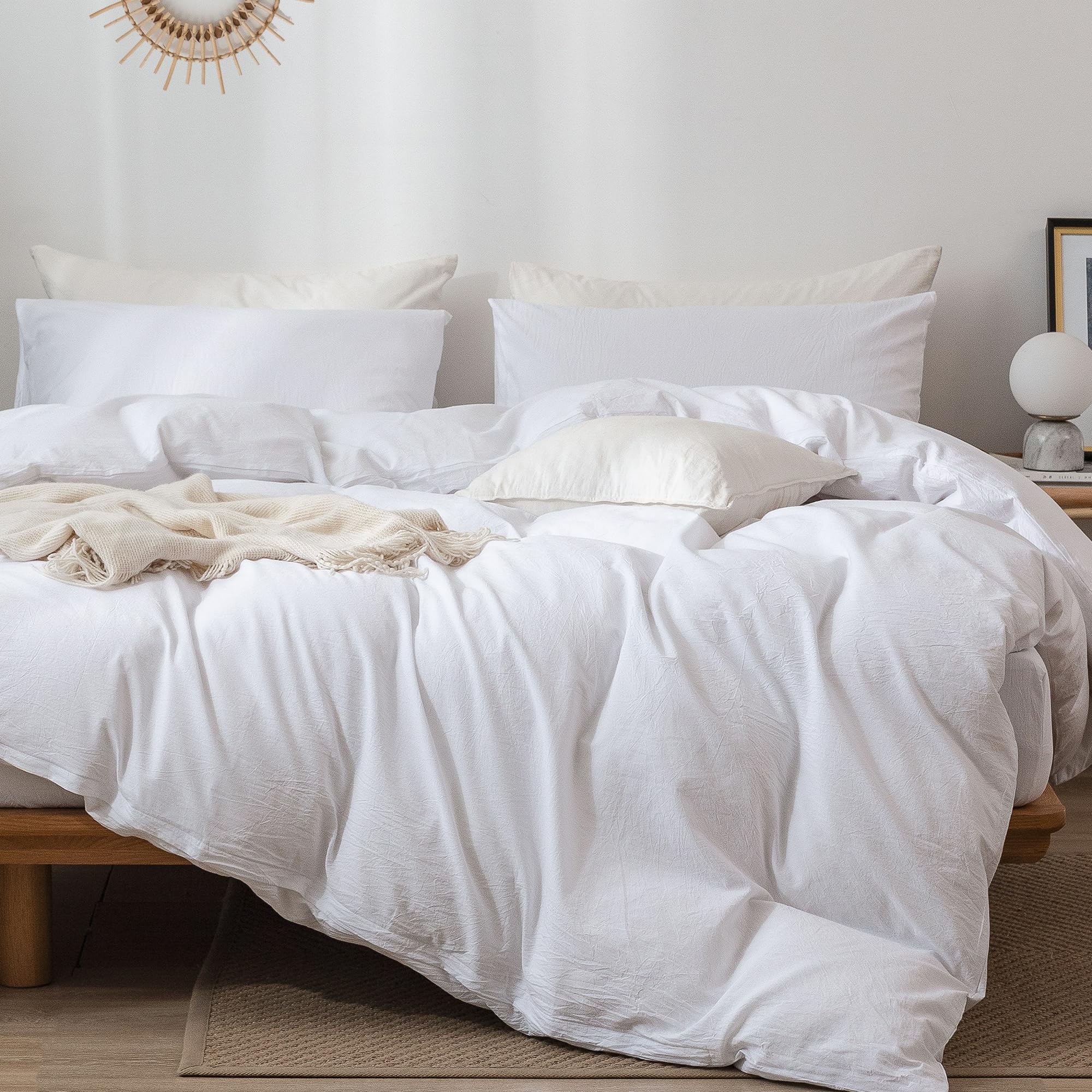 Moomee Bedding Duvet Cover Set 100% Washed Cotton Linen Like Textured Breathable Durable Soft Comfy (Bright White, Queen)