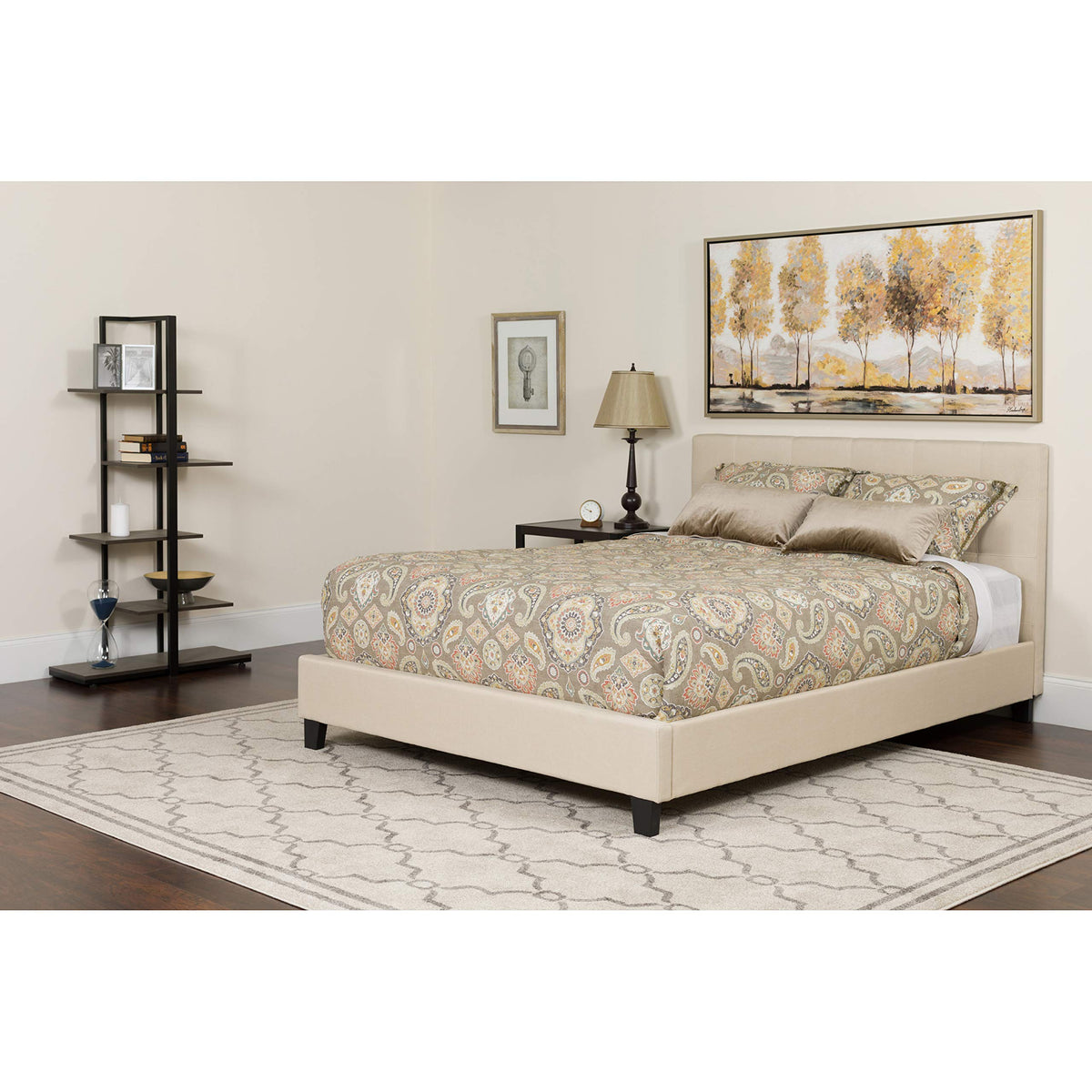 Flash Furniture Tribeca Full Size Tufted Upholstered Platform Bed in Beige Fabric with Memory Foam Mattress