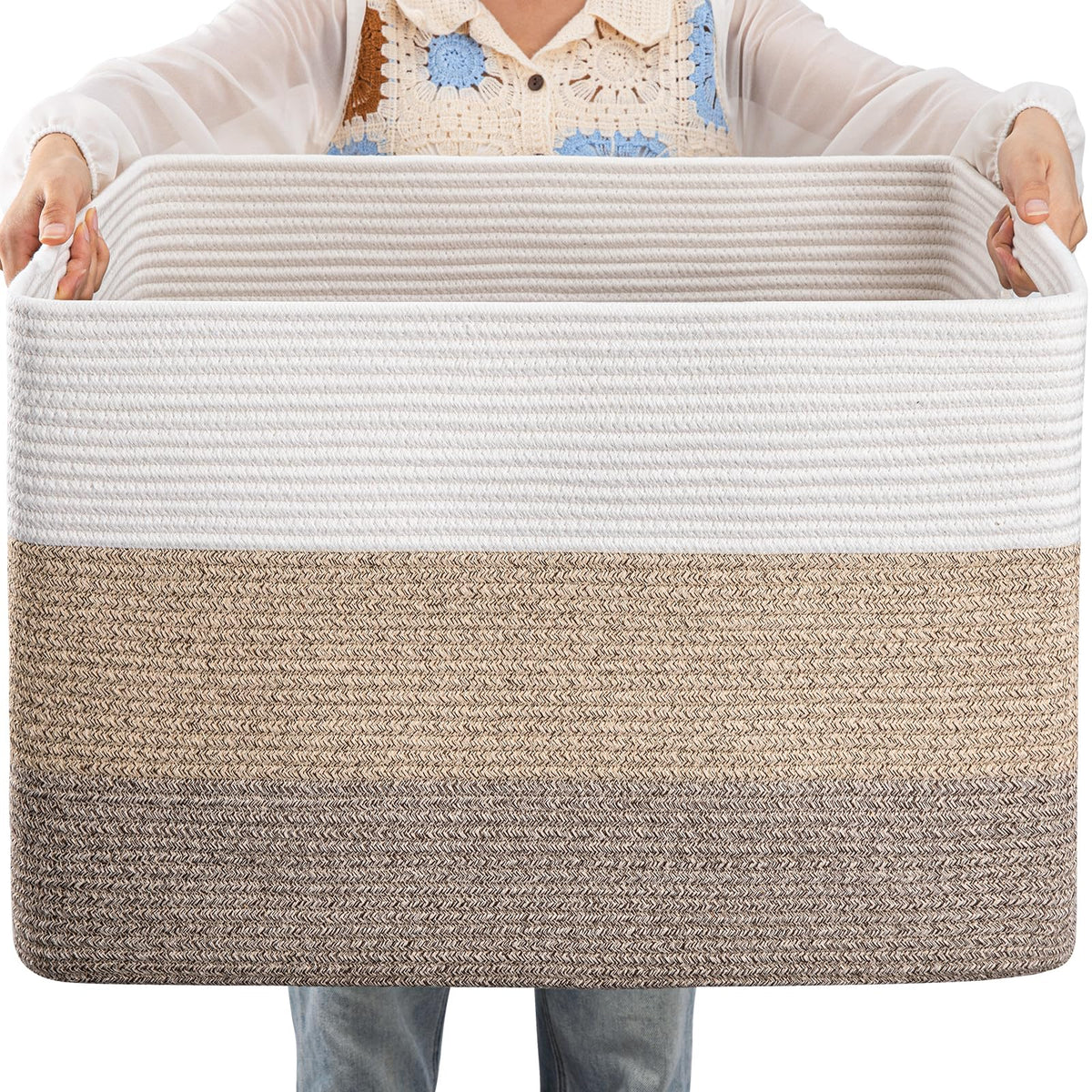 Oiahomy 108L Large Cotton Rope Basket, Rectangle Woven Baskets For Storage, Nursery Blanket Basket Living Room, Toy Basket With Handle, Baskets For Organizing-25”X16”X16”-Gradient Yellow