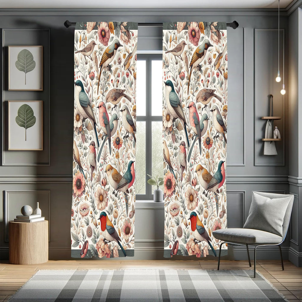 Ambesonne Birds and Nature Curtains, Delicate Spring Chill with Leafy Flowers with Wingy Animals, Window Treatments 2 Panel Set 