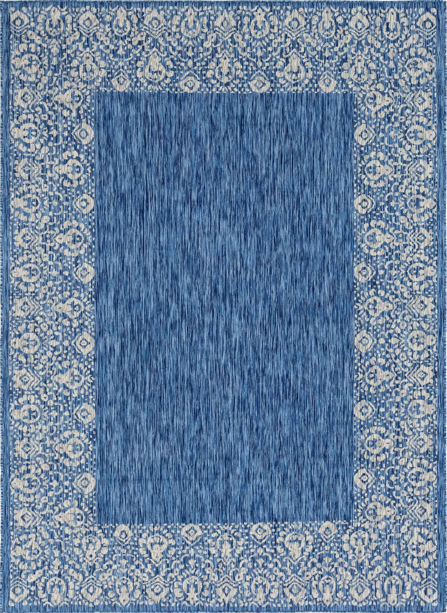 Unique Loom Outdoor Border Collection Area Rug - Floral Border (7' 1' X 10' Rectangle, Blue/ Ivory)