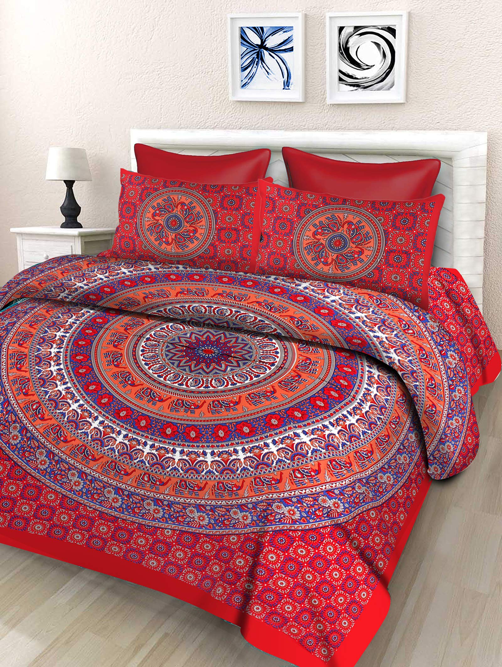Sheetkart Elephant Mandala 144 Tc 100% Cotton Double King Size Bedsheet With 2 Pillow Covers (Double, Superior Red)
