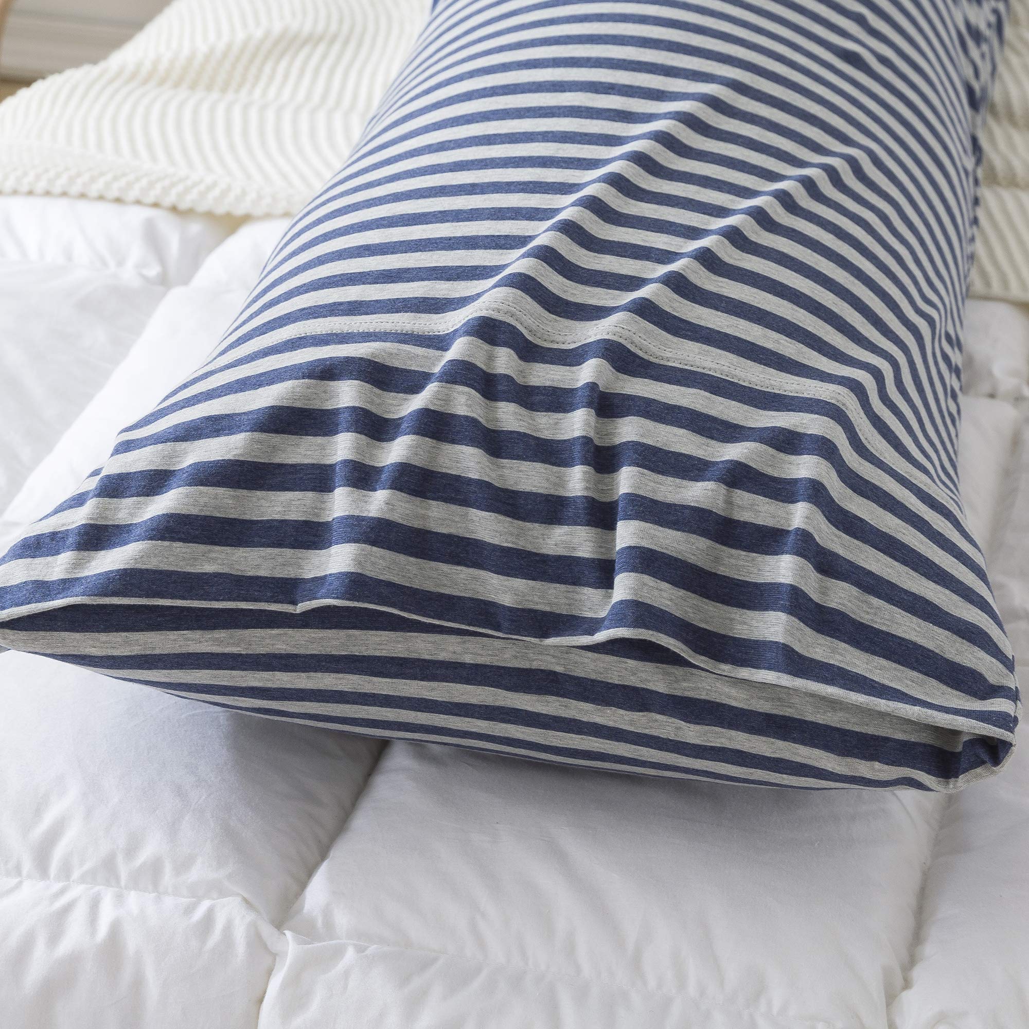 H Household Pillowcases, 100% Cotton Jersey Knit, Soft And Cozy, Wrinkle, Stain Resistant With Envelope Closure (Dark Blue Strip