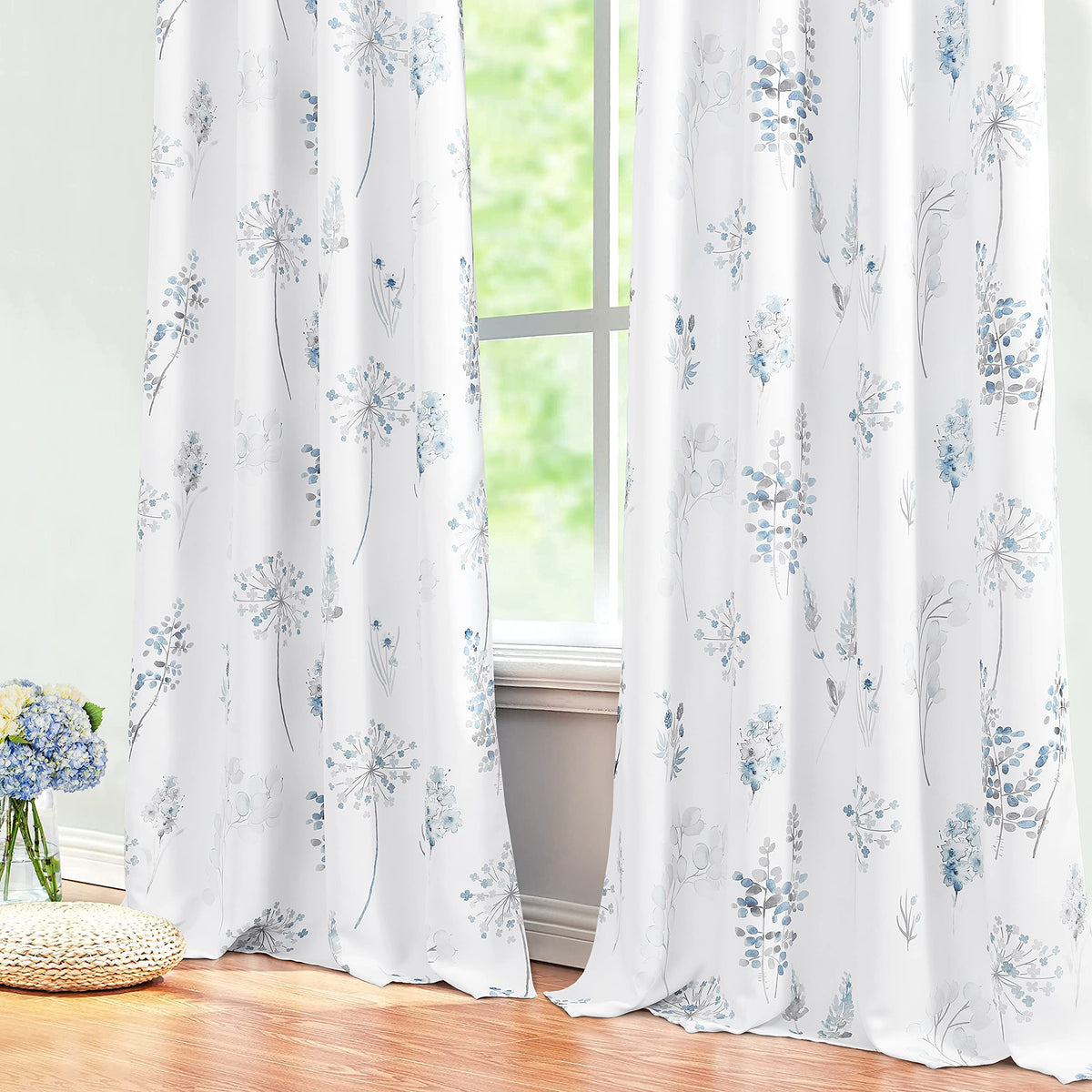 Blue And Grey Curtains 96 Inches Long For Bedroom 2 Panels Grommet Darkening Beautiful Minimalist Serene Flower Print Thermal In