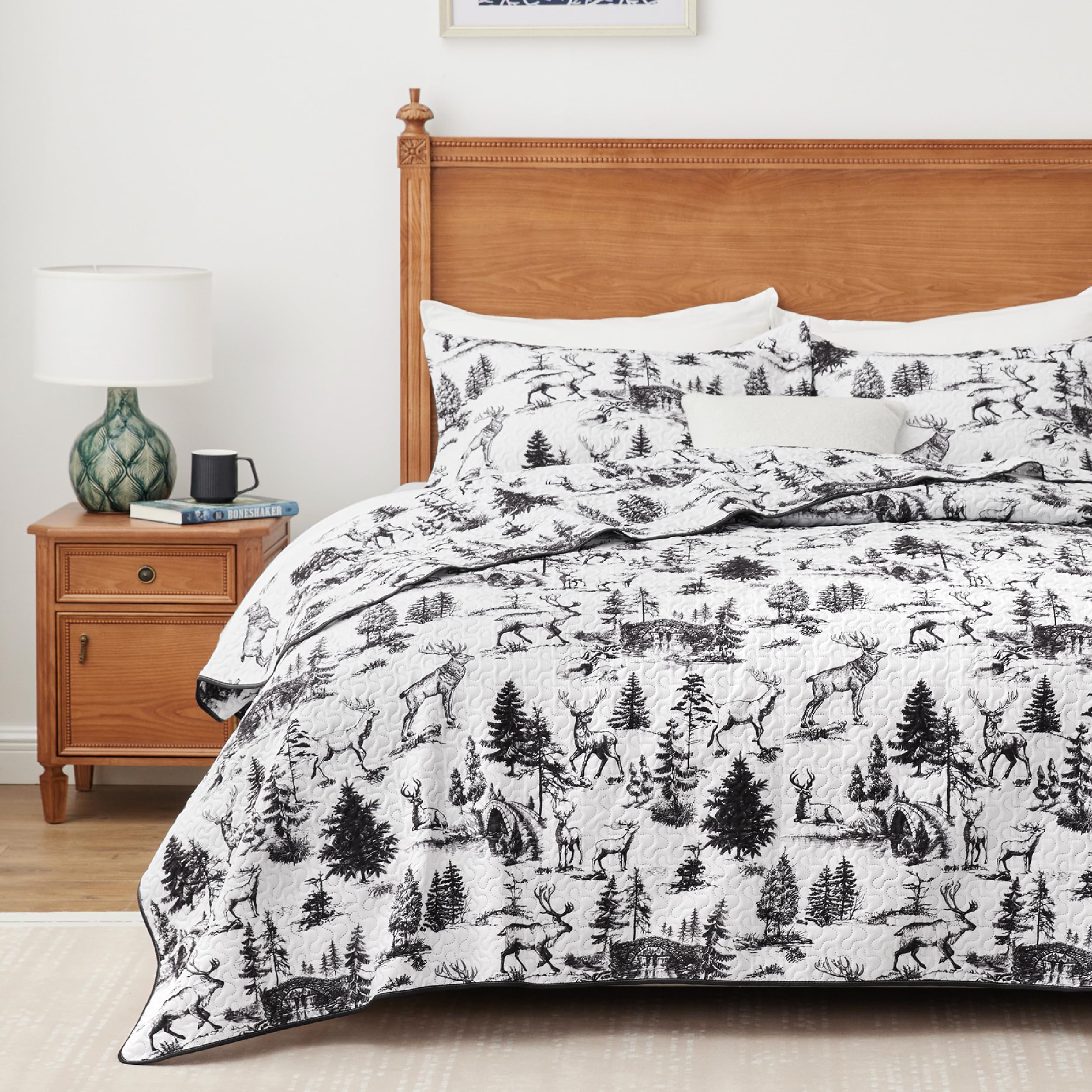 Ppolca Quilt Sets Queen, 3-Piece Lightweight Reversible All Season White And Black Quilt Set, Bedspread Queen Size Quilt With 2