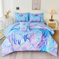 Rynghipy 6Pcs Mermaid Tail Comforter Set For Kids Girls, Mermaid Fish Scale Bed In A Bag Queen Size, Sparkle Teal Purple Rainbow