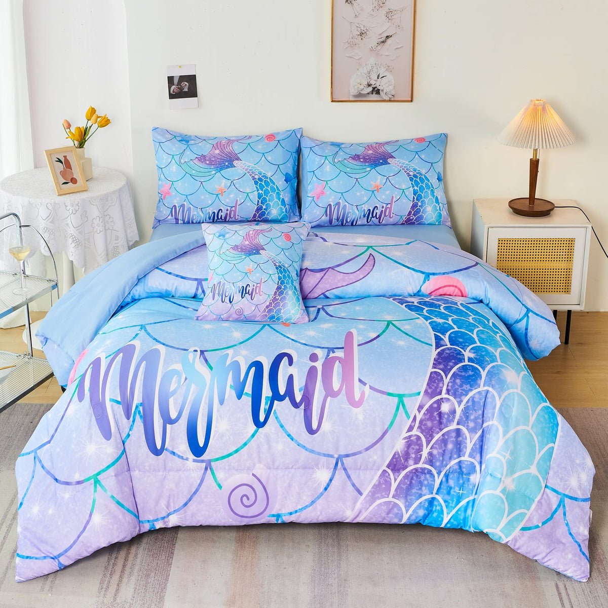 Rynghipy 6Pcs Mermaid Tail Comforter Set For Kids Girls, Mermaid Fish Scale Bed In A Bag Twin Size, Sparkle Teal Purple Rainbow