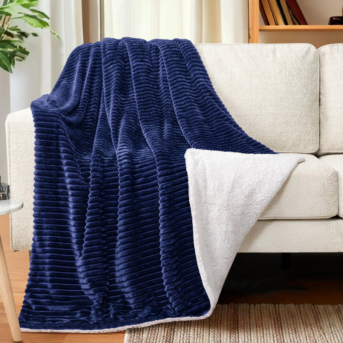 Pavilia Navy Sherpa Fleece Throw Blanket For Couch, Soft Plush Fuzzy Blankets, Fluffy Flannel Sherpa Blanket For Sofa, Warm 3D R