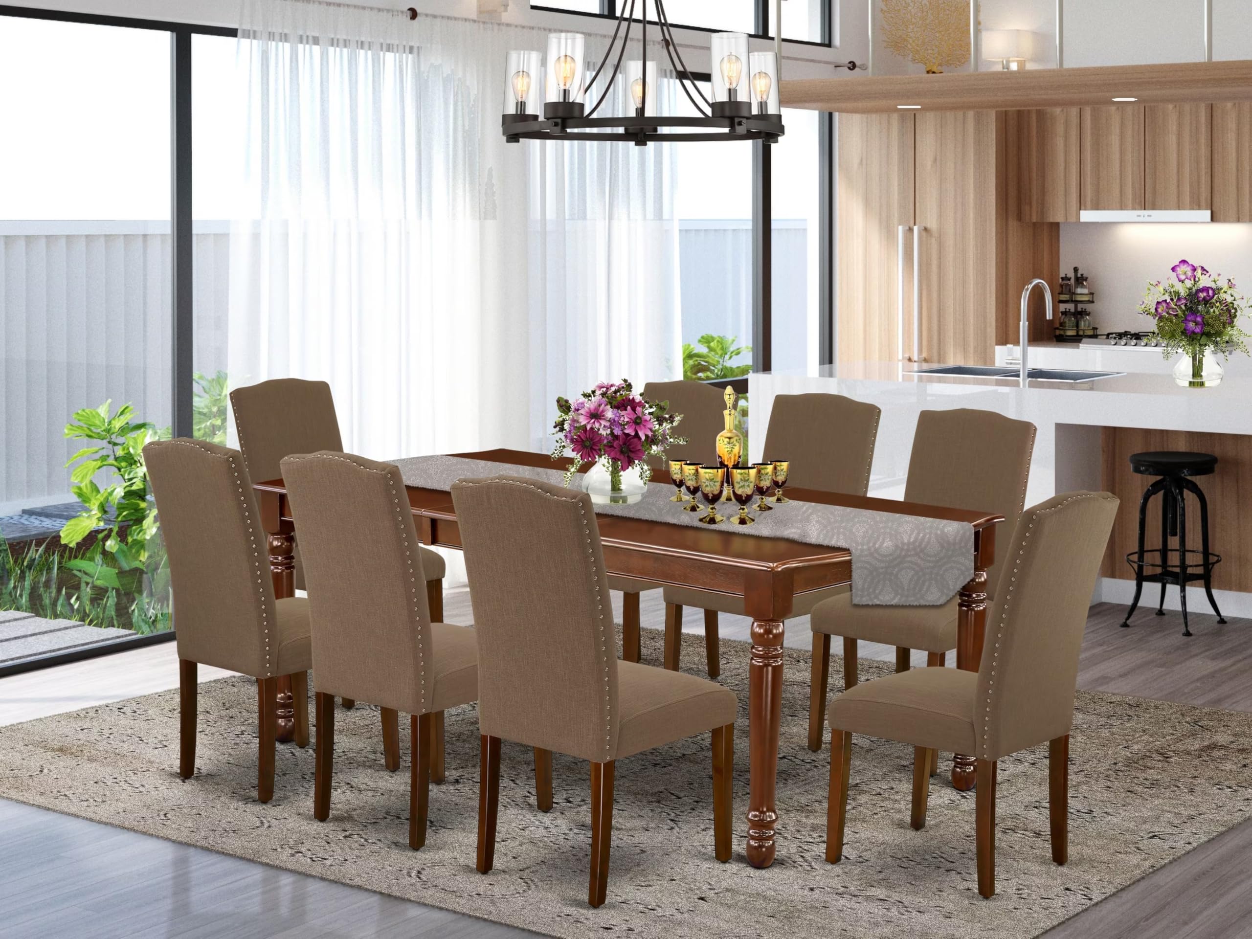 East West Furniture Doen9-Mah-18 9 Piece Dining Set Includes A Rectangle Dining Room Table With Butterfly Leaf And 8 Dark Coffee Linen Fabric Upholstered Chairs, 42X78 Inch, Mahogany