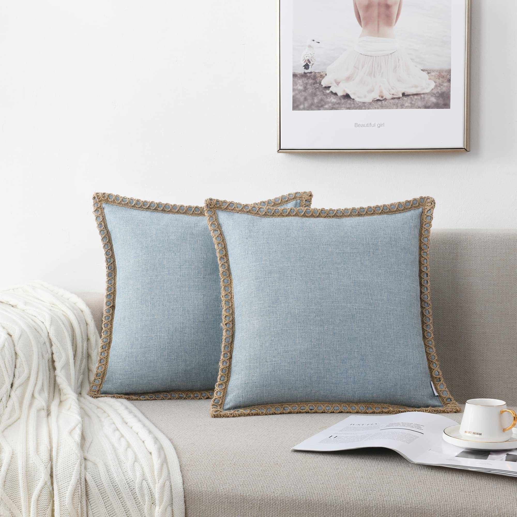 Set Of 2 Farmhouse Throw Pillow Covers - Burlap Linen Trimmed Tailored Edges Decorative Cushion Covers For Bed Home Outdoor Deco