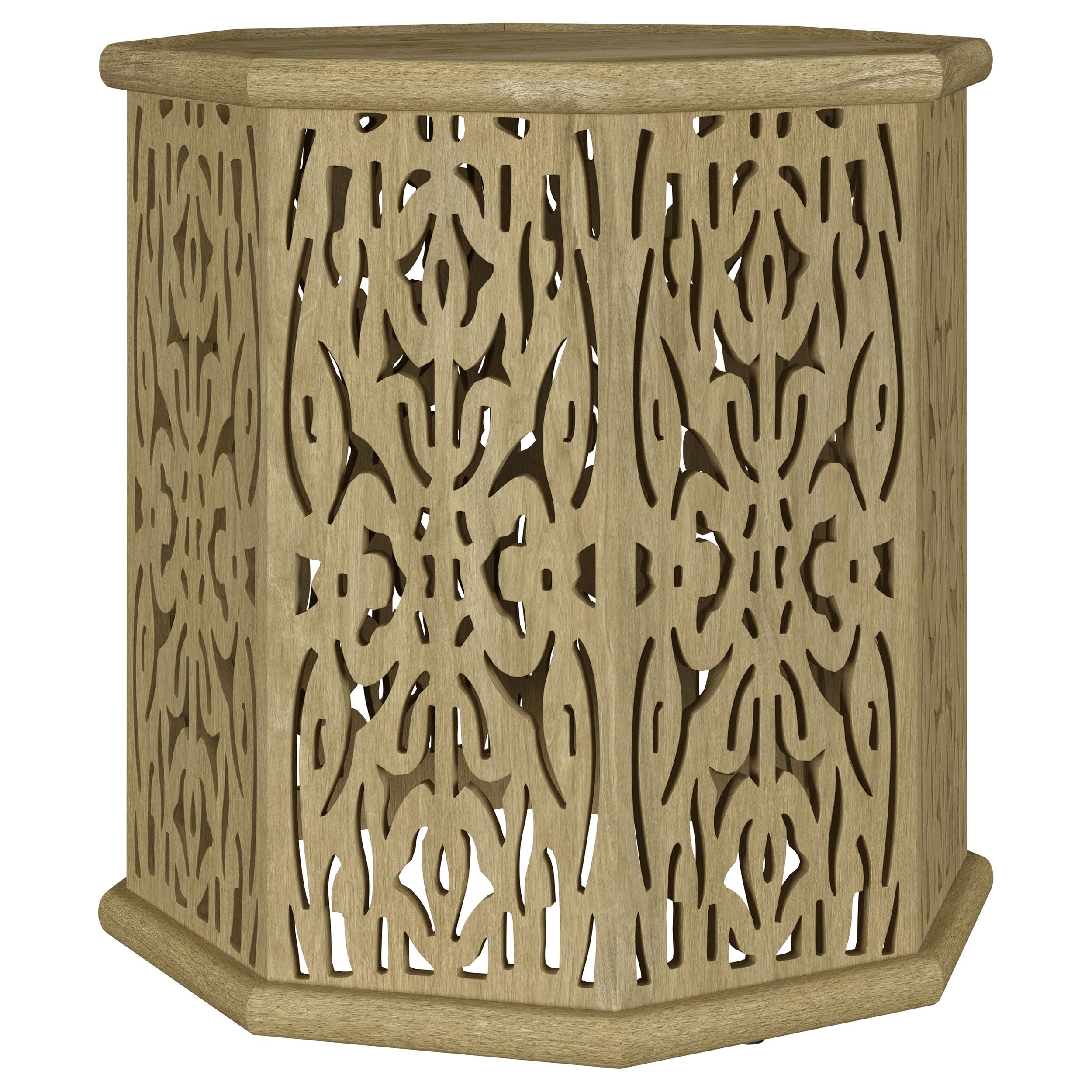 Coaster Home Furnishings Torres Octagonal Solid Wood Side Table with Intricate Openwork Carvings Natural Brown