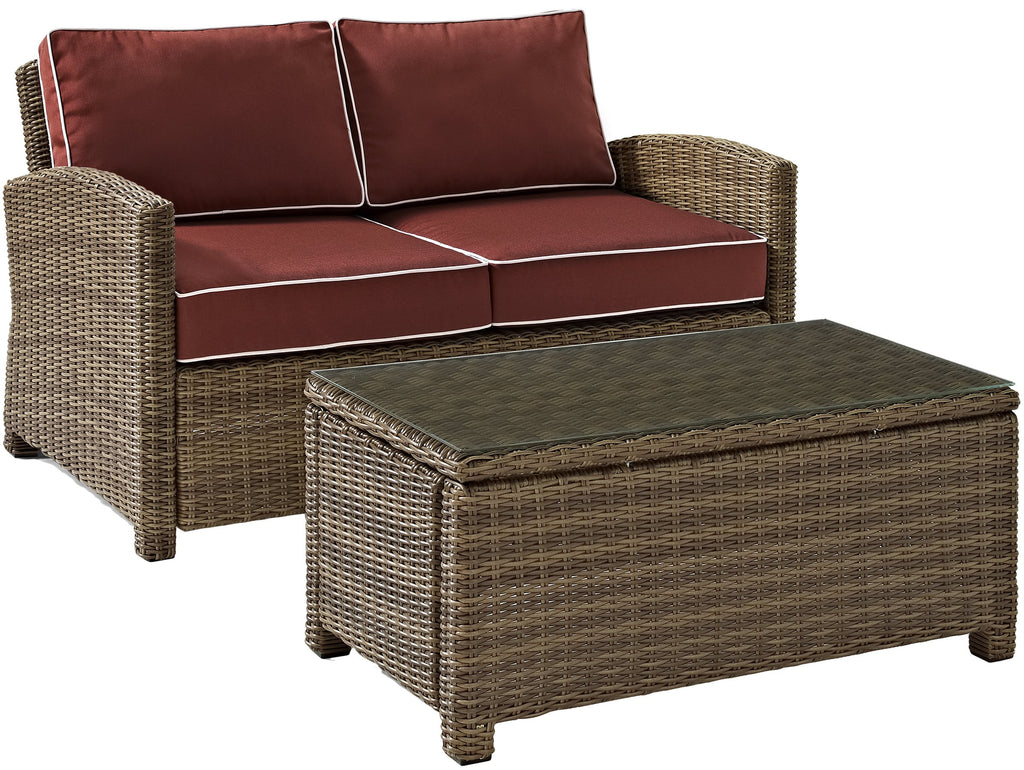 Crosley Furniture Bradenton 2-Piece Wicker Outdoor Coffee Table And Loveseat Patio Furniture Set For Porch, Brown With Sangria Cushions