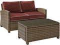 Crosley Furniture Bradenton 2-Piece Wicker Outdoor Coffee Table And Loveseat Patio Furniture Set For Porch, Brown With Sangria Cushions