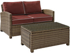 Crosley Furniture Bradenton 2-Piece Wicker Outdoor Coffee Table And Loveseat Patio Furniture Set For Porch, Brown With Sangria Cushions