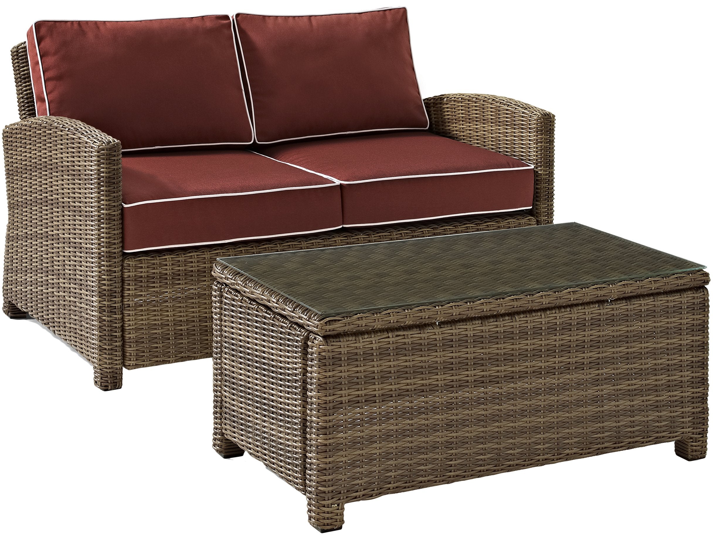 Crosley Furniture Bradenton 2-Piece Wicker Outdoor Coffee Table And Loveseat Patio Furniture Set For Porch, Brown With Sangria Cushions