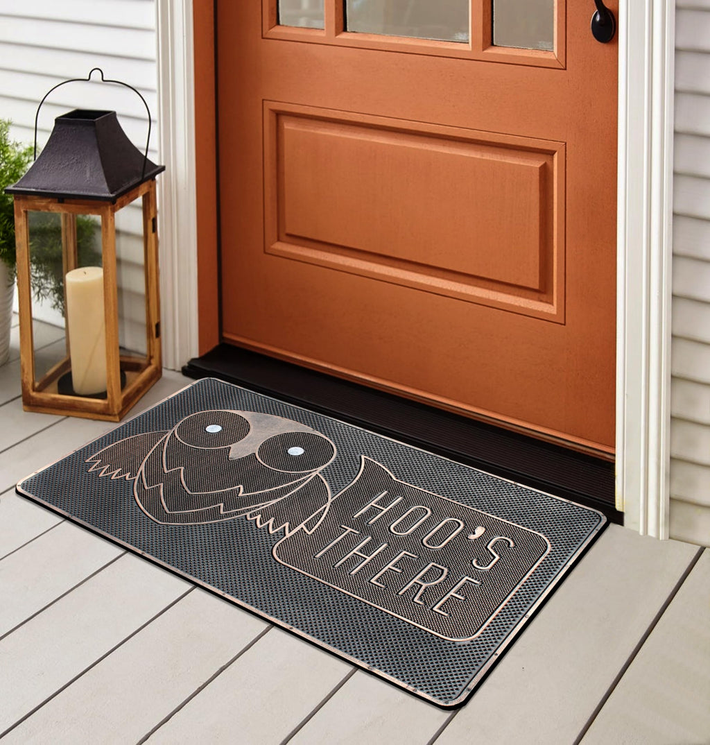 A1 Home Collections Hoo'S There Owl Rubber Pin Welcome Door Mats For Outdoor Entrance, Welcome Mats For Front Door Indoor Non-Sl