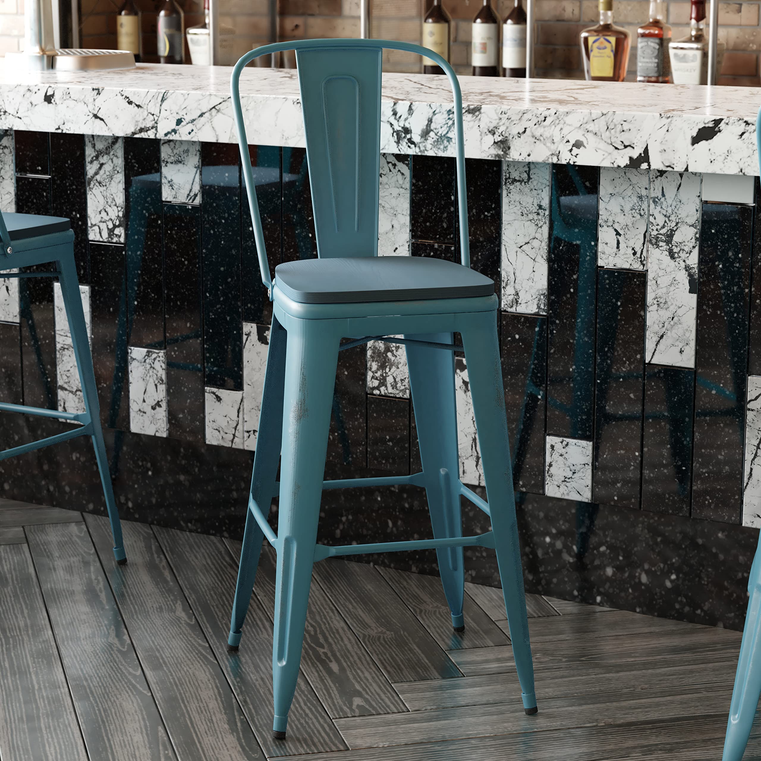 Flash Furniture Carly Commercial Grade 30&quot; High Kelly Blue-Teal Metal Indoor-Outdoor Bar Height Stool with Back and Teal-Blue Polystyrene Seat