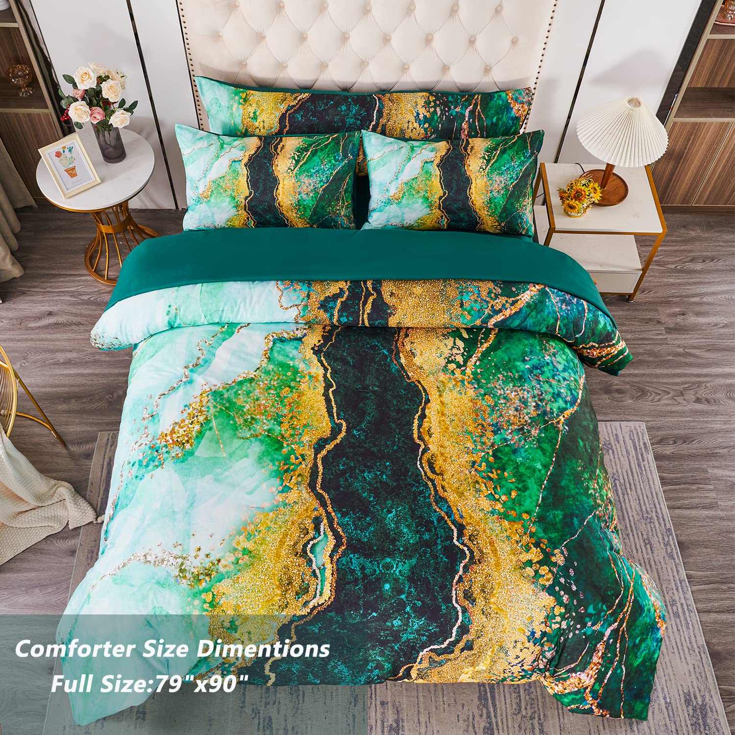 Perfemet 6 Pcs Bed-In-A-Bag Green Watercolor Marble Pattern Comforter Set Full Size Colorful Abstract Artwork Bedding Set Modern
