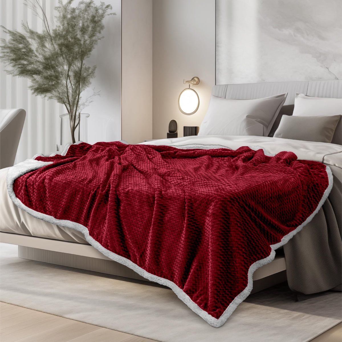 Pavilia Maroon Red Twin Bed Blanket Reversible Sherpa Chevron, Soft Cozy Jacquard Weave Textured Throw Sofa Couch, Thick Warm La