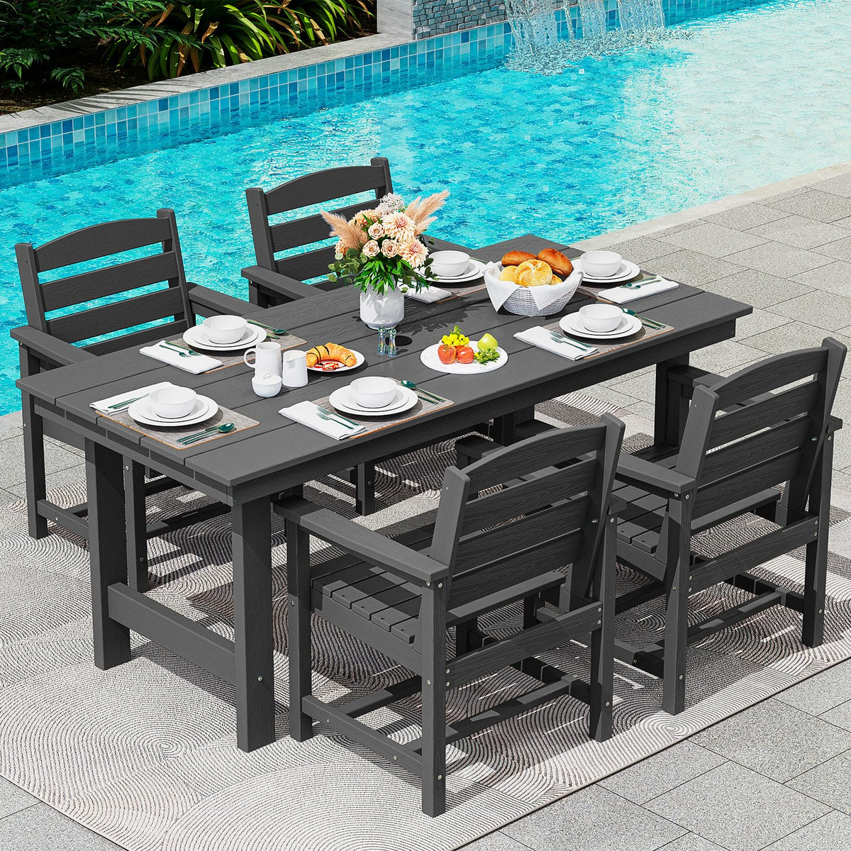 Serwall Outdoor Dining Sets For 4, Outdoor Hdpe Dining Furniture Set With Umbrella Hole Cut-Out Table And 4 Chairs, All Weather Dining Set, Coffee