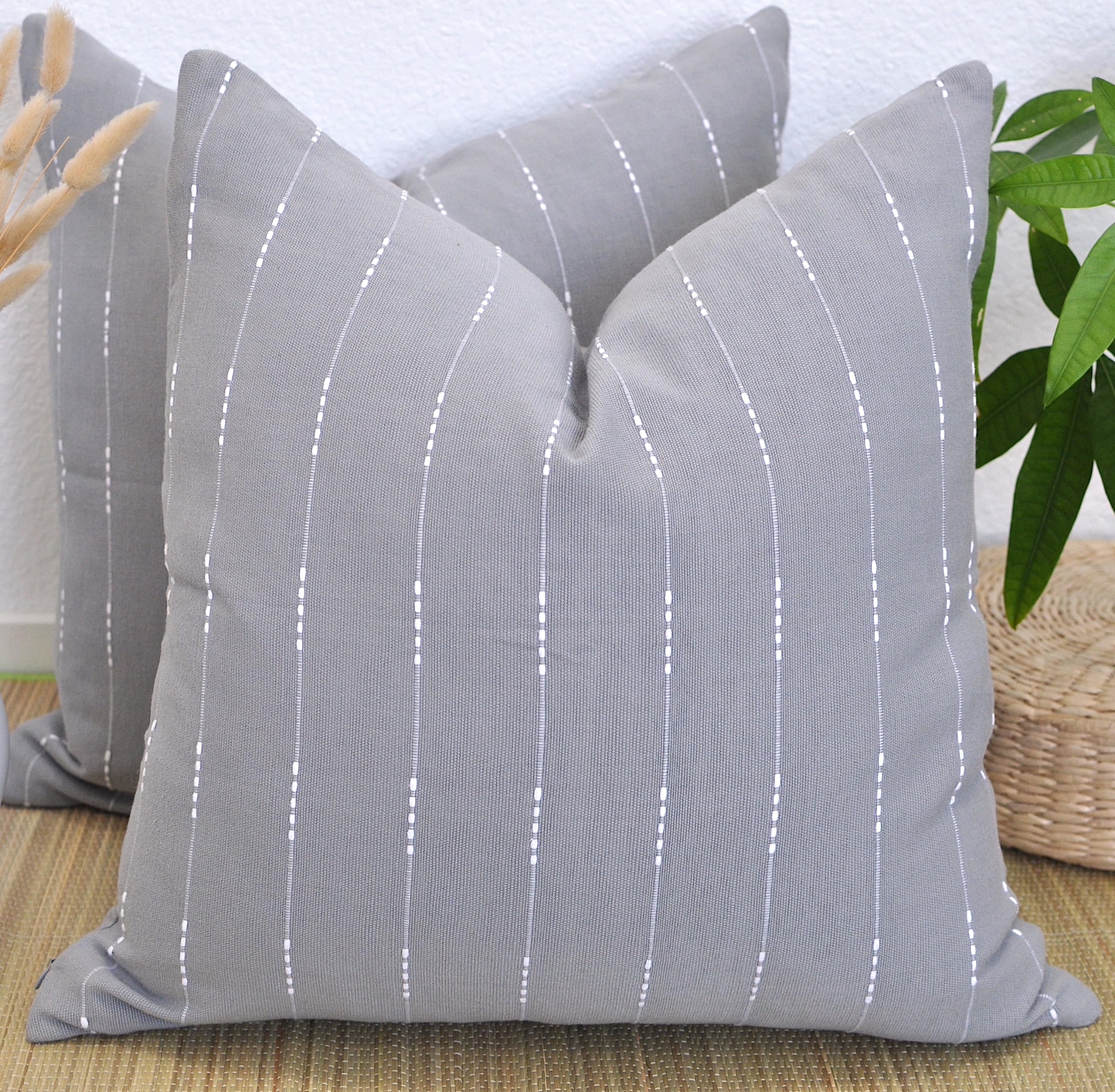 Ash Grey Cotton Pillow Covers 20 X20 Inches Gray Outdoot/Indoor Woven Striped Pattern Modern Geometric Cushion Covers/Simple Sol