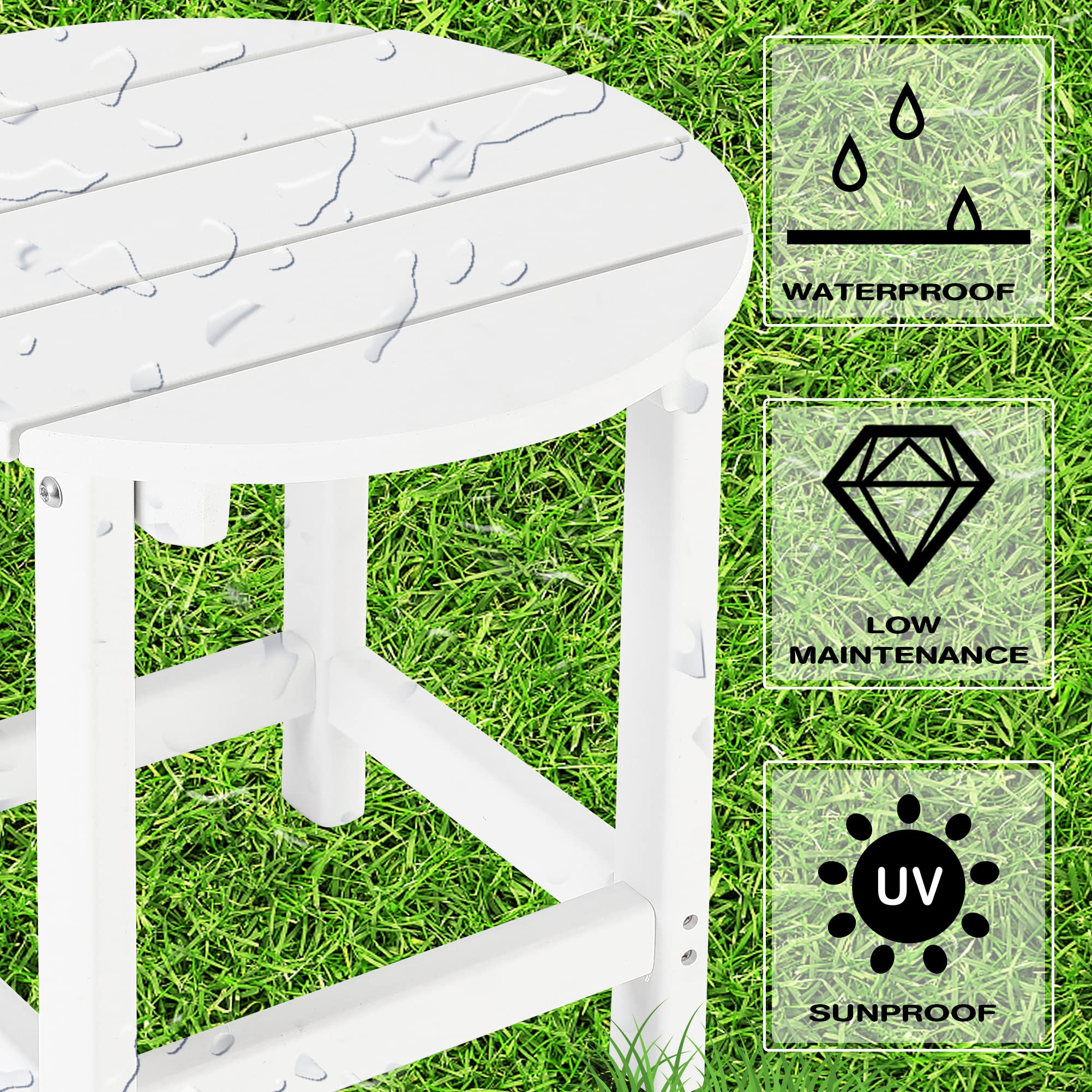 Lzrs Round Adirondack Side Table End Table, Outdoor Side Tables For Patio, Backyard,Pool, Indoor Companion, Easy Maintenance & Weather Resistant(White)