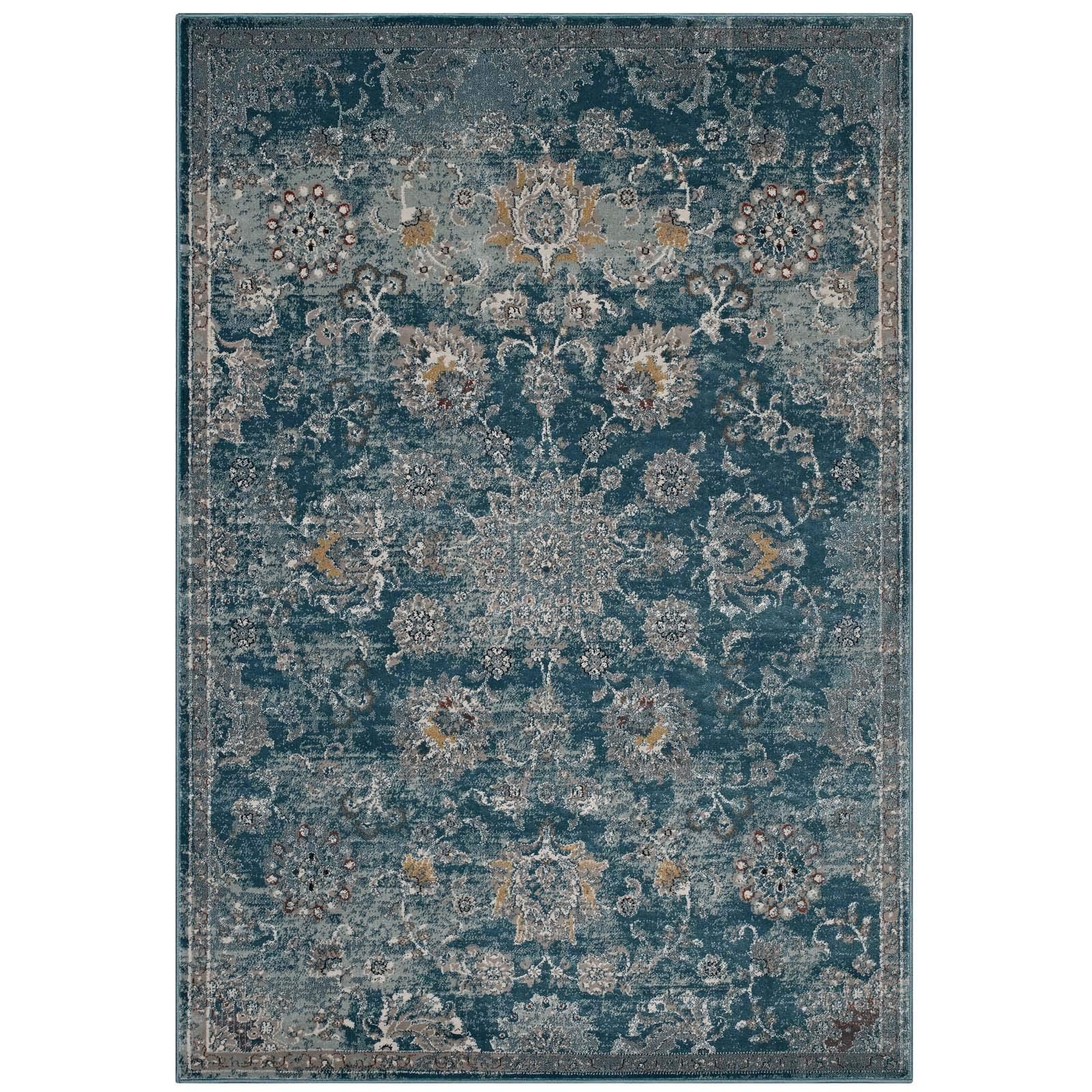 Modway Cynara Distressed Floral Persian Medallion 5X8 Area Rug In Silver Blue, Teal And Beige
