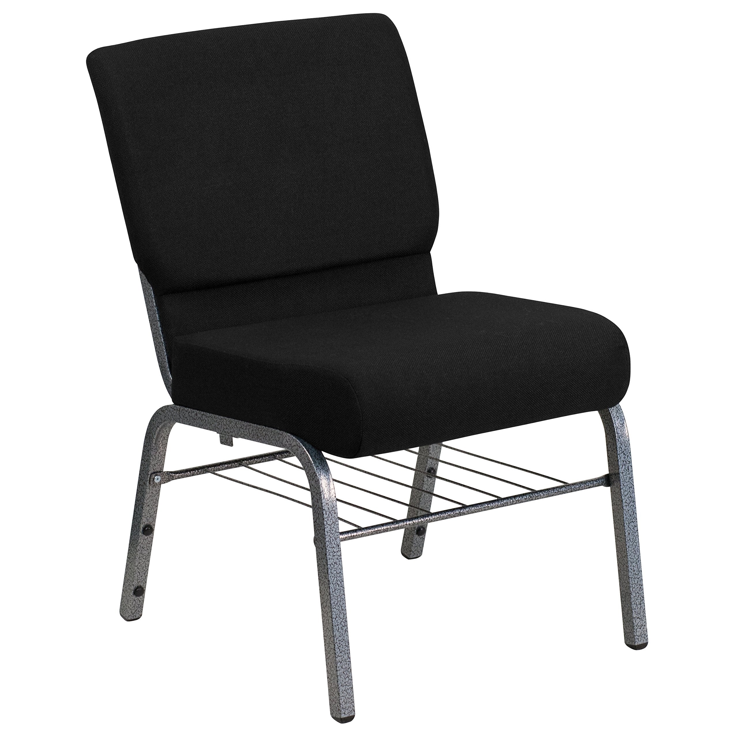 Flash Furniture Hercules Series 21''W Church Chair In Black Fabric With Book Rack - Silver Vein Frame