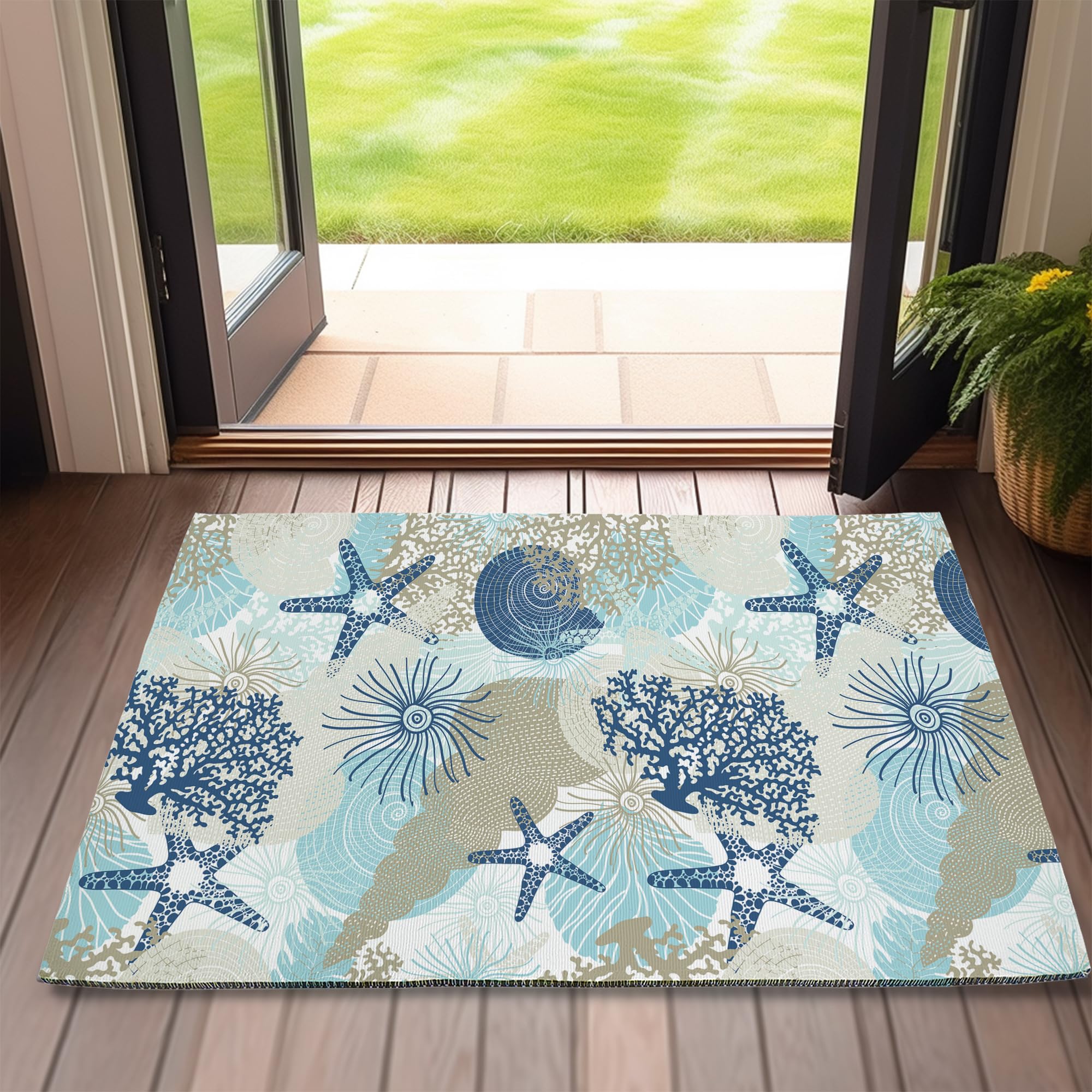 Spunker Door Mat,Beach Starfish Front Door Mat 17'X30',Cute Coral Seashell Doormats Indoor Entrance,Welcome Entry Mat,Outdoor
