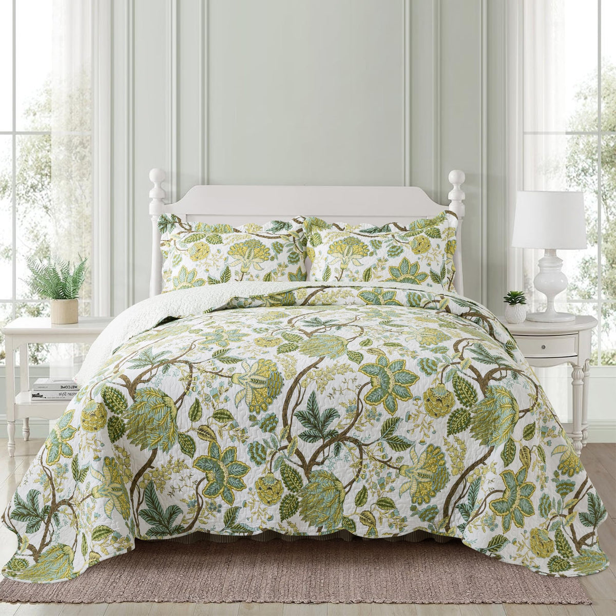 Newlake Cotton Bedspread Quilt Sets - Reversible Patchwork Coverlet Set, Floral Vine Pattern, King Size
