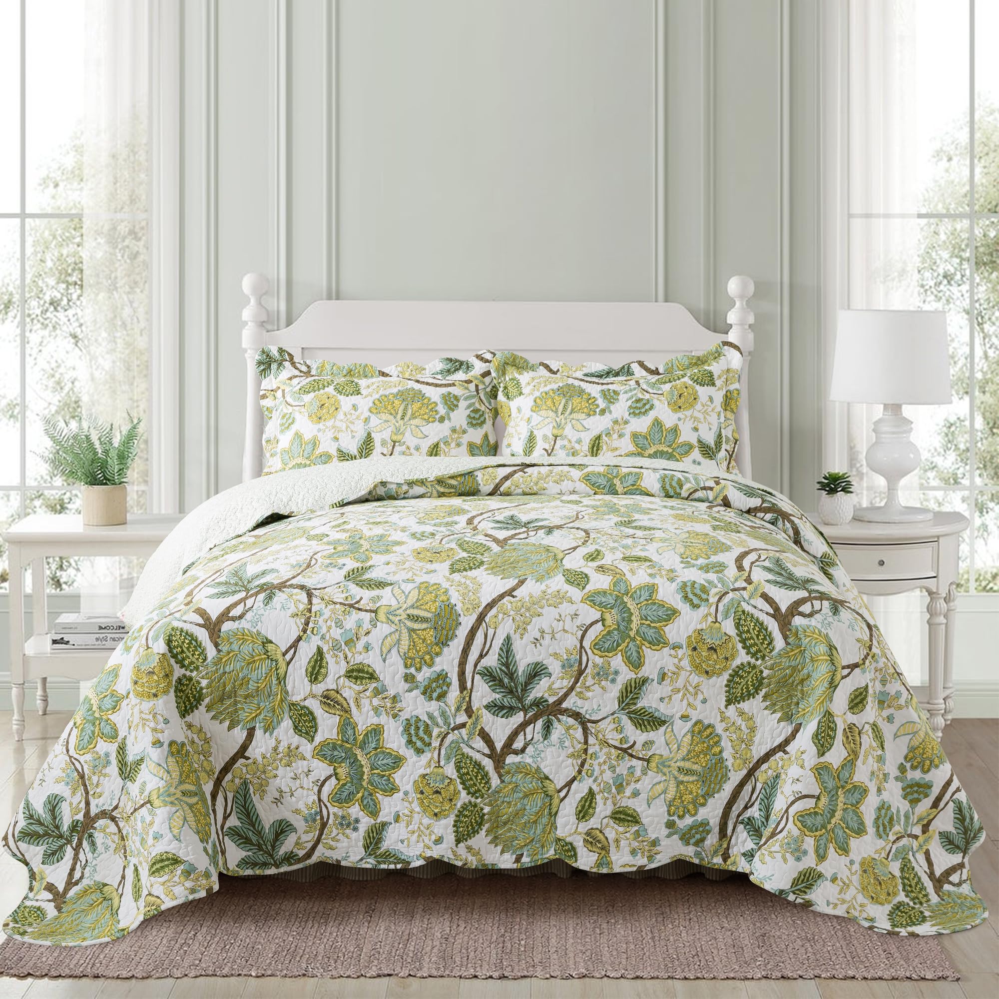 Newlake Cotton Bedspread Quilt Sets - Reversible Patchwork Coverlet Set, Floral Vine Pattern, King Size