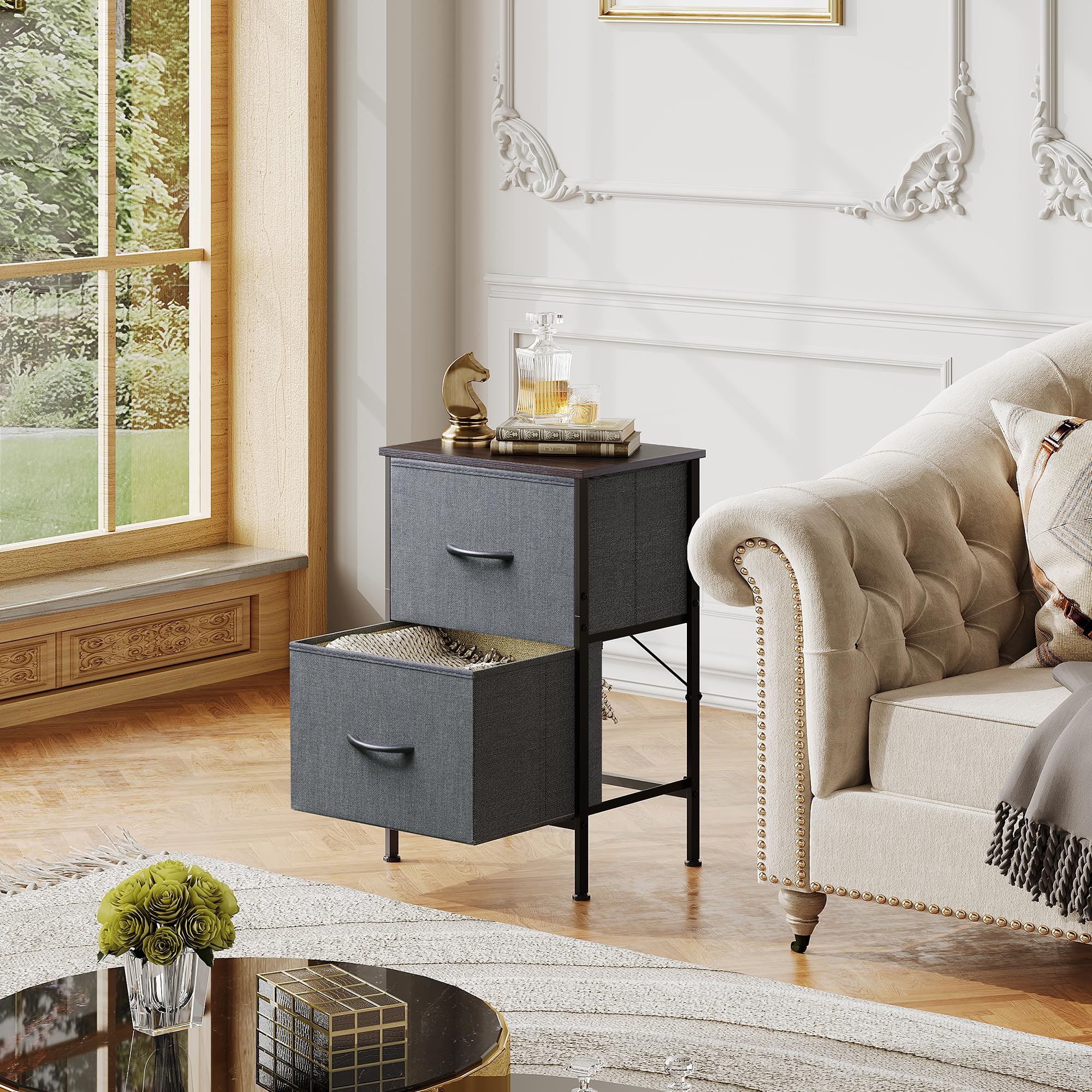 Wlive Night Stand Set 2, Dresser And Nightstand Sets, Nightstands For Bedroom With 2 Fabric Drawer, End Tables Bedroom Furniture Set, Closet, College Dorm, Dark Grey, Size L