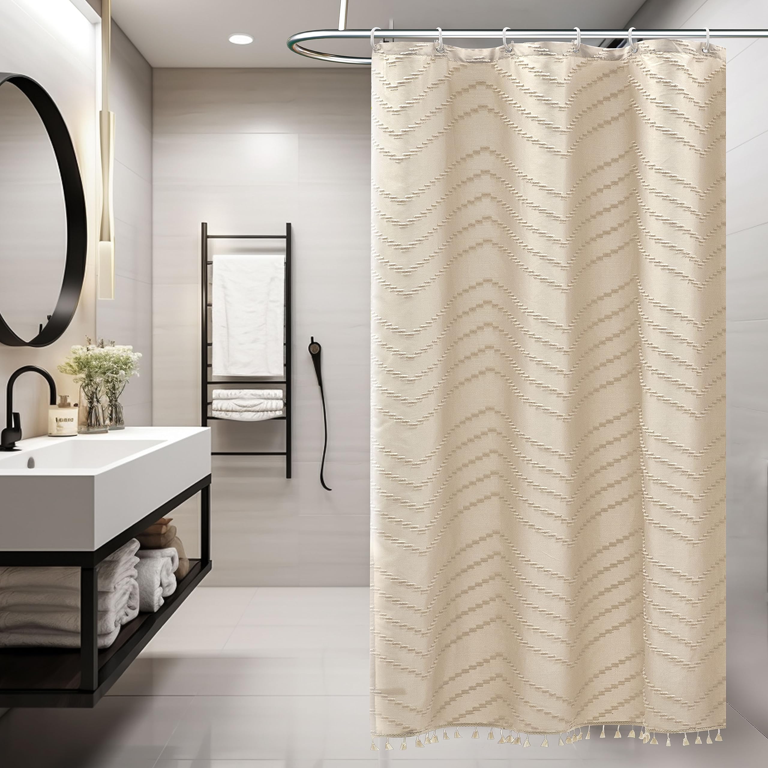 Siiluminisoy Small Stall Boho Shower Curtain Beige Woven Fabric Shower Curtain 36 X 72 Half Size Tufted Chevron Striped Textured