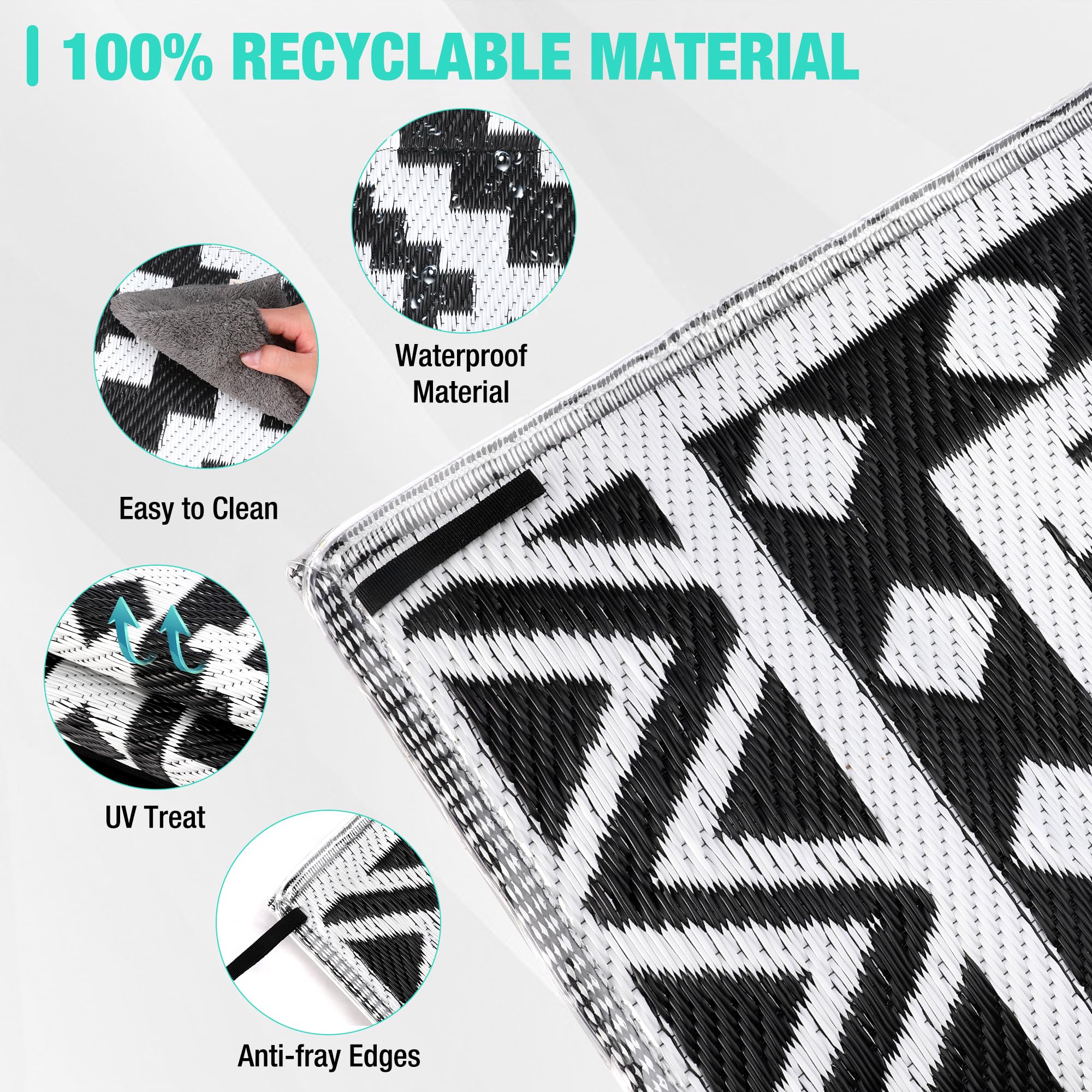 Haushof 5'X8' Outdoor Rug Waterproof With Led Strip Light, Reversible Outdoor Plastic Straw Rug, Patio Rug With 4 Rug Stakes, Outdoor Carpet Mat For Rv, Camping, Beach, Porch, Balcony, Black&White