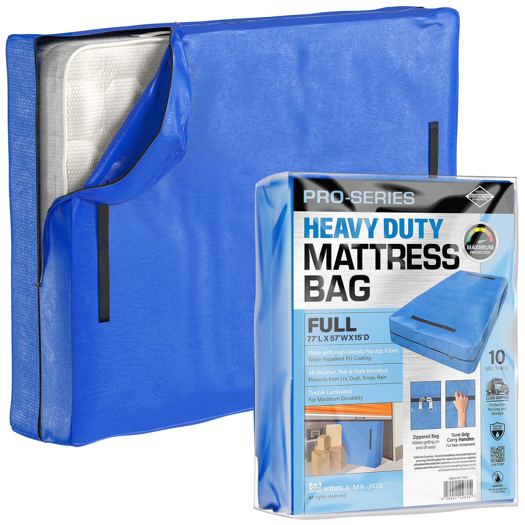 (Full) 10 Mil Thick - Moving And Storage Mattress Bag W Zipper And 8 Carrying Handles - Waterproof - Uv Resistant - Heavy Duty -