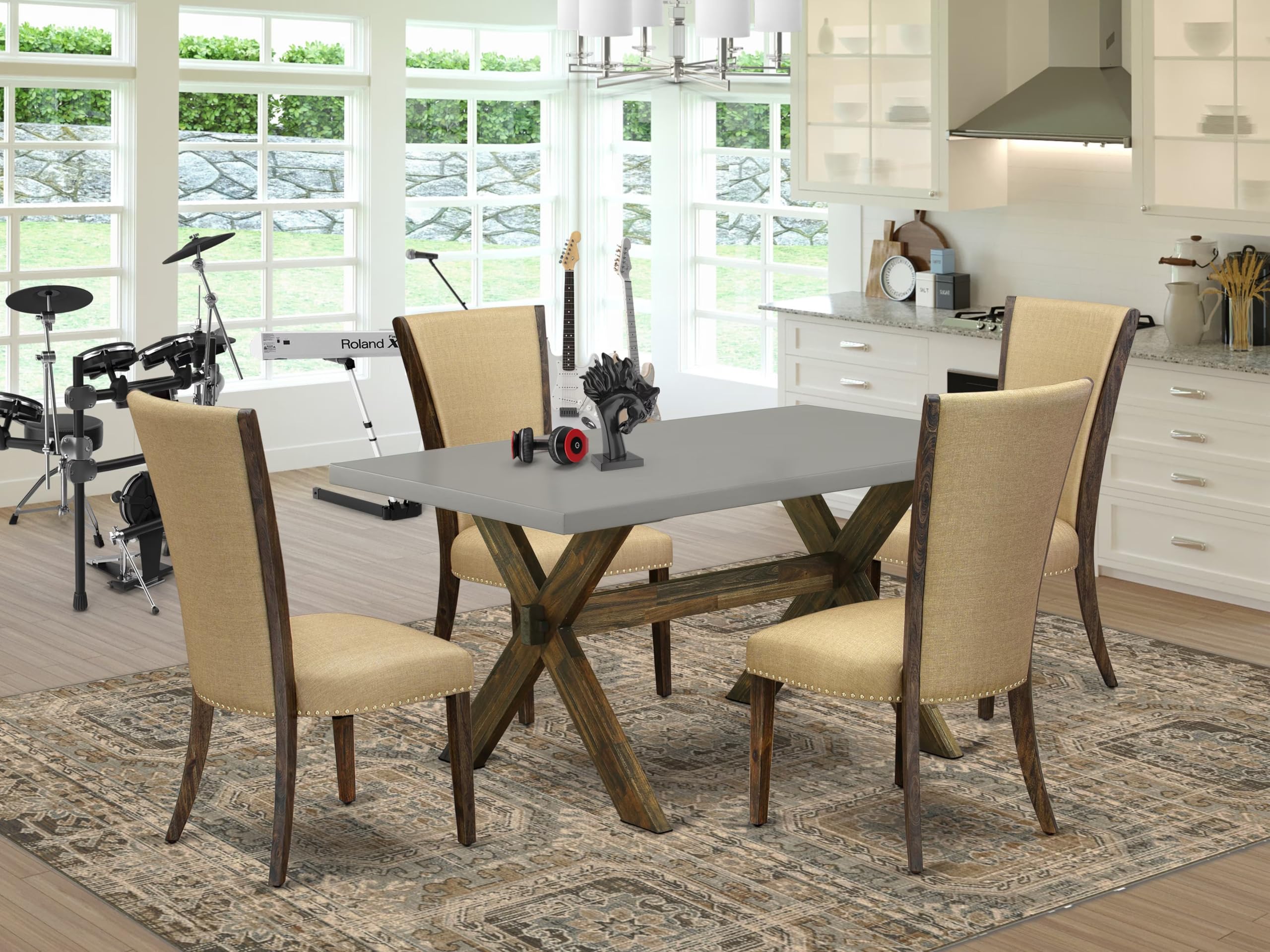 East West Furniture X796Ve703-5 5 Piece Kitchen Table Set For 4 Includes A Rectangle Dining Table With X-Legs And 4 Brown Linen Fabric Parson Dining Room Chairs, 36X60 Inch, Multi-Color