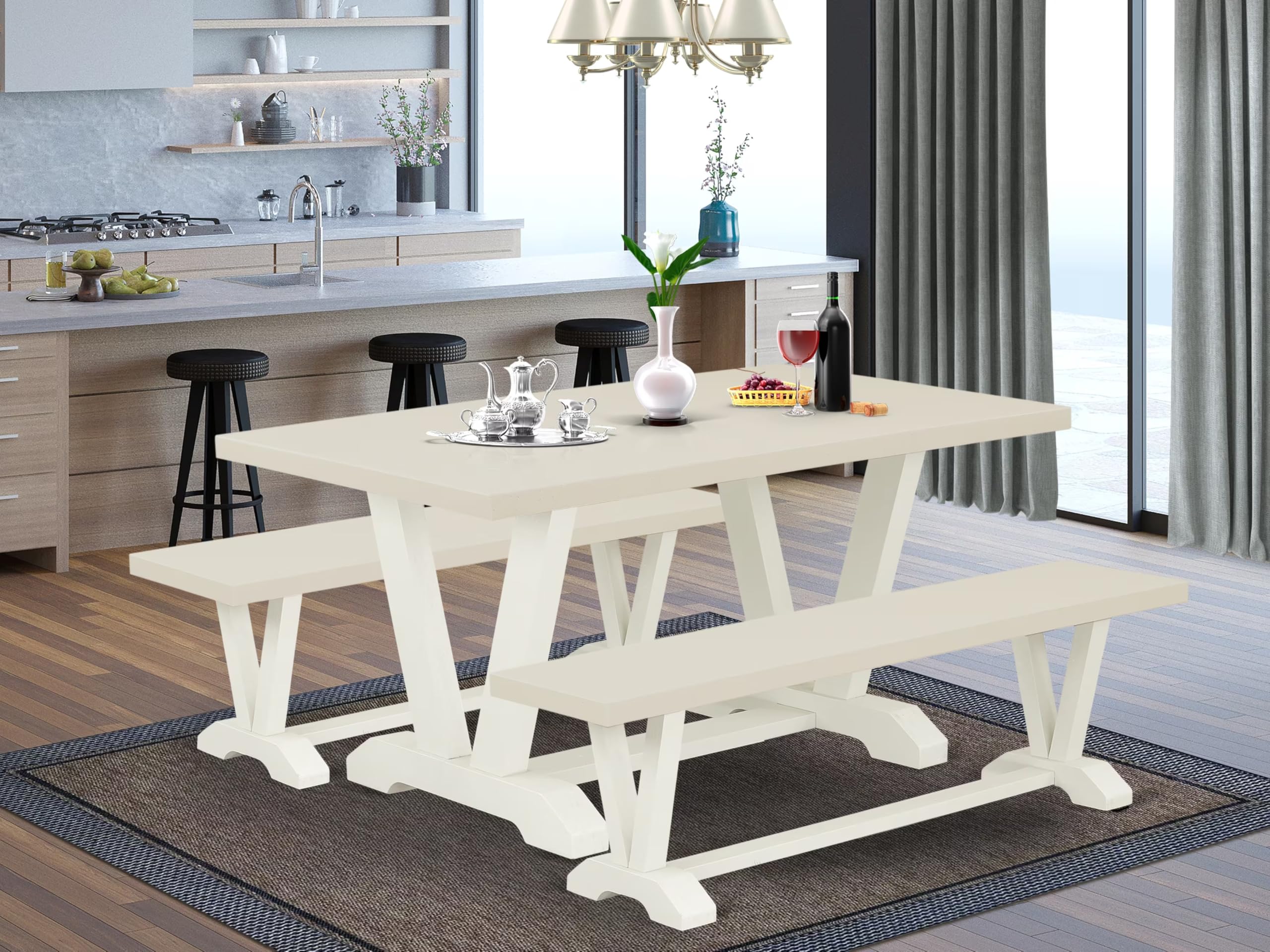 East West Furniture V2-026 3 Piece Dining Set Contains a Rectangle Dining Room Table with V-Legs and 2 Kitchen Table Bench, 36x60 Inch, Multi-Color