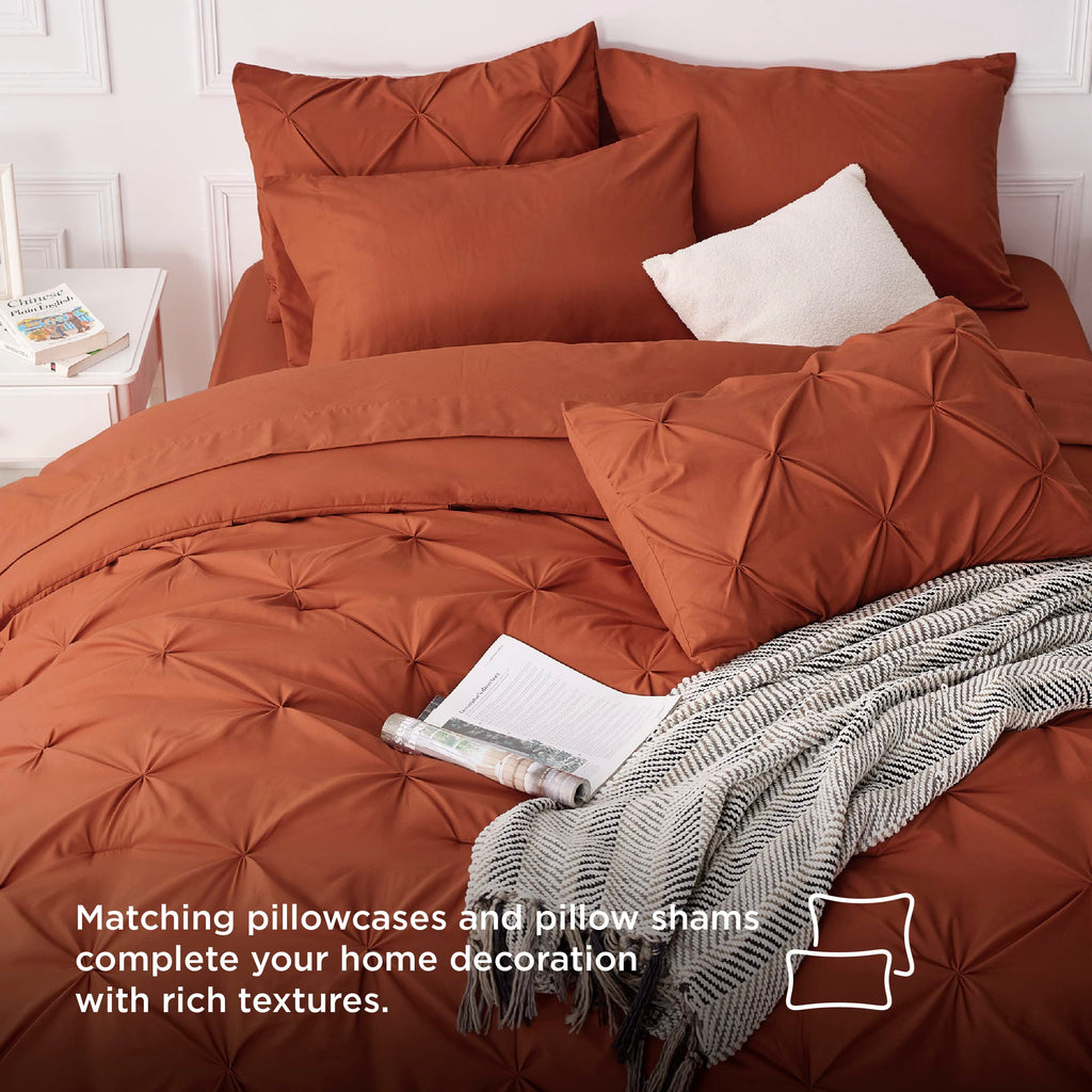 Bedsure Bed In A Bag Queen 7 Pieces - Queen Size Comforter Set, Pintuck Bedding Sets Burnt Orange Bed Set With Comforter, Sheets