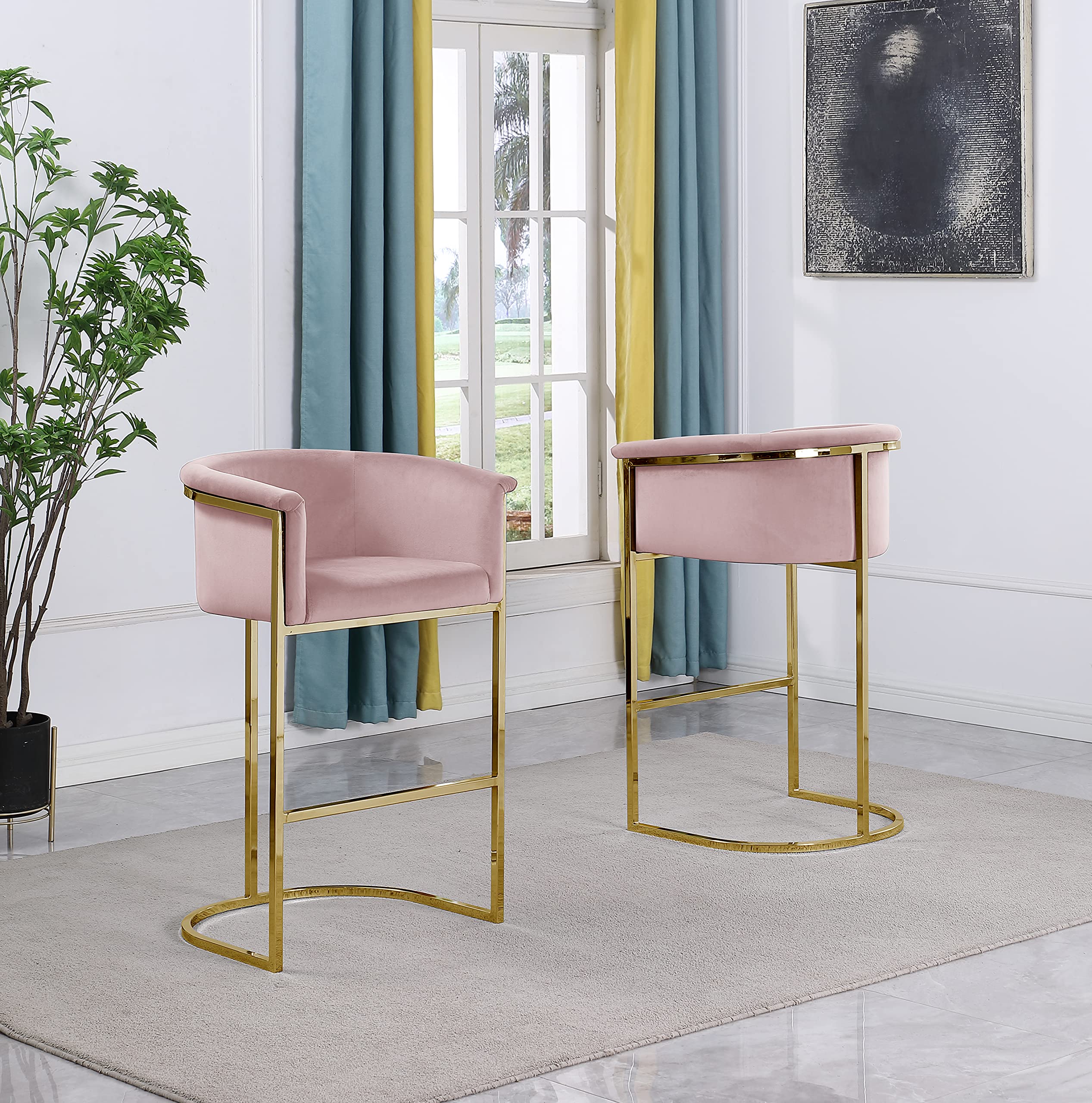 Best Quality Furniture Bar Stools (Single) Pink Velvet with Gold Iron Frame