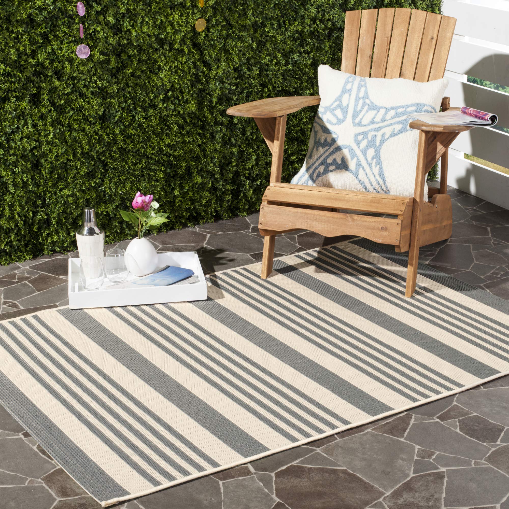 Safavieh Courtyard Collection Accent Rug - 4' X 5'7'', Brown & Bone, Stripe Design, Non-Shedding & Easy Care, Indoor/Outdoor & W