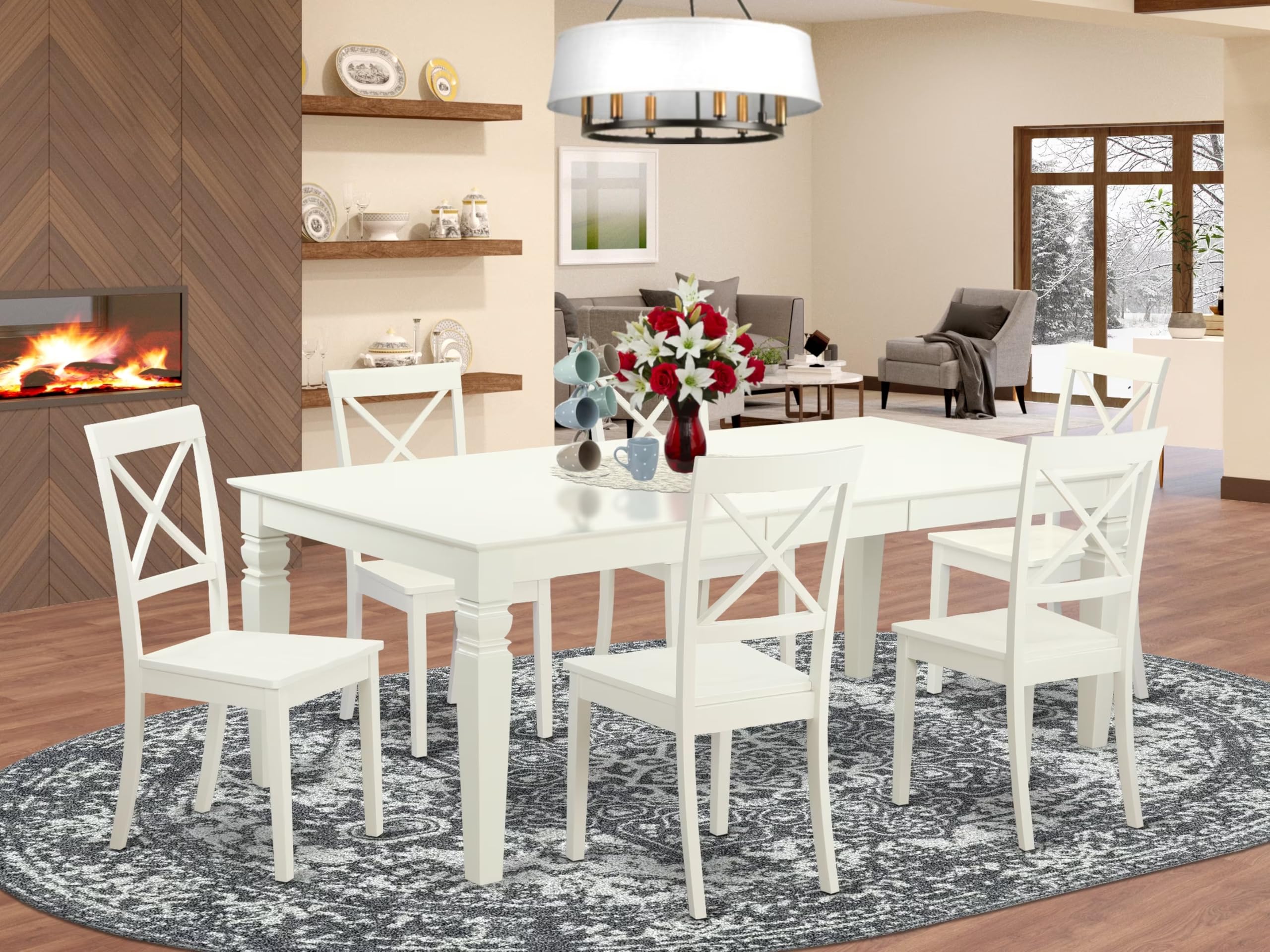East West Furniture LGBO7-LWH-W 7 Piece Kitchen Table Set Consist of a Rectangle Dining Table with Butterfly Leaf and 6 Dining Room Chairs, 42x84 Inch, Linen White